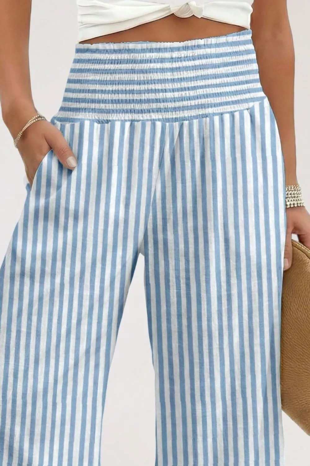 Striped Wide-Leg Pants with Smocked Waist - Image 2