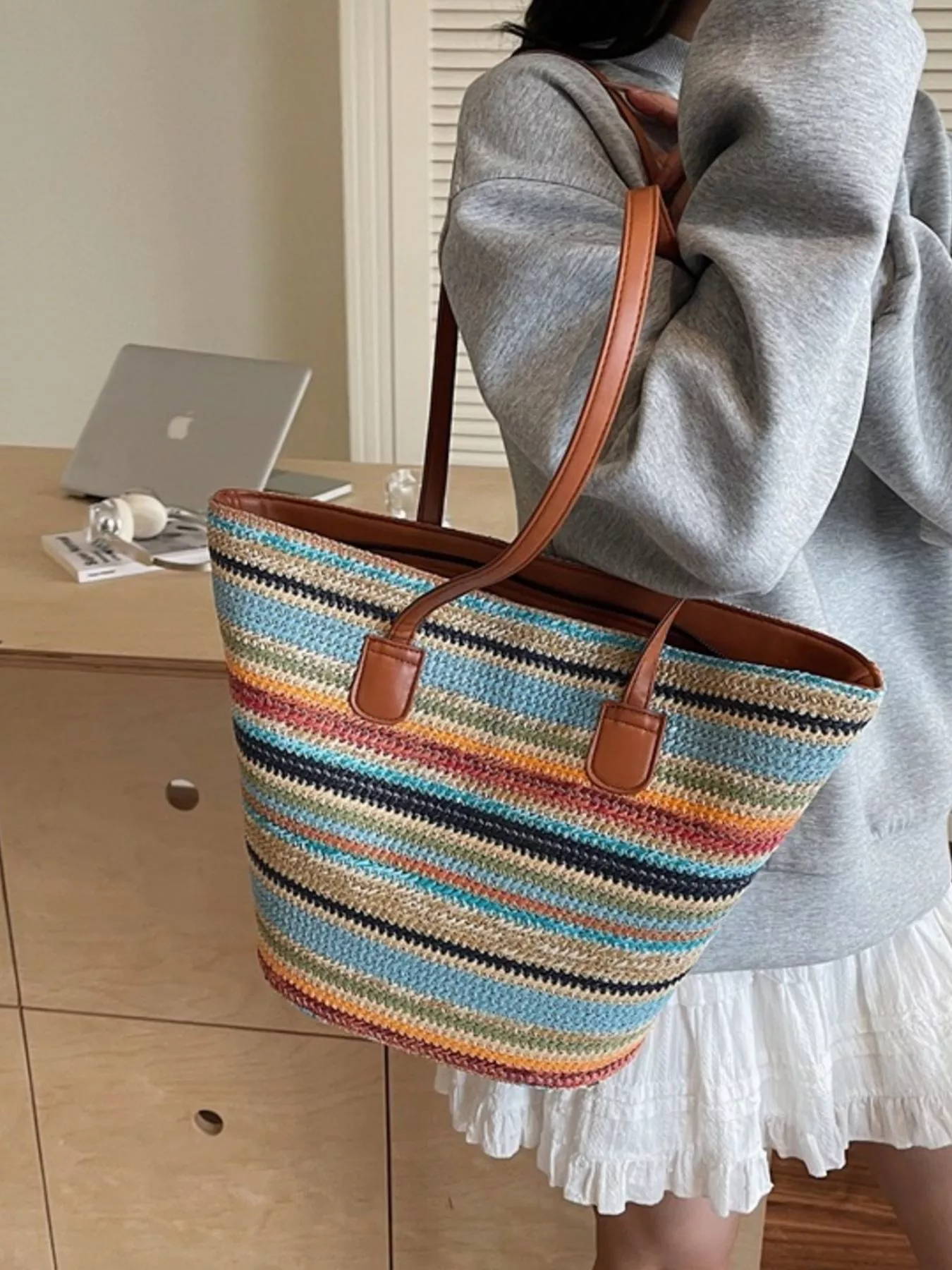 Striped Woven Shoulder Bag - Image 7