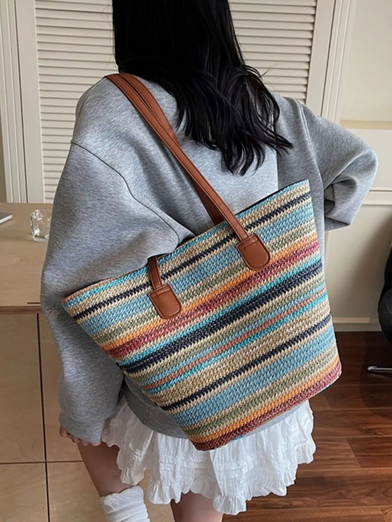 Striped Woven Shoulder Bag - Image 8