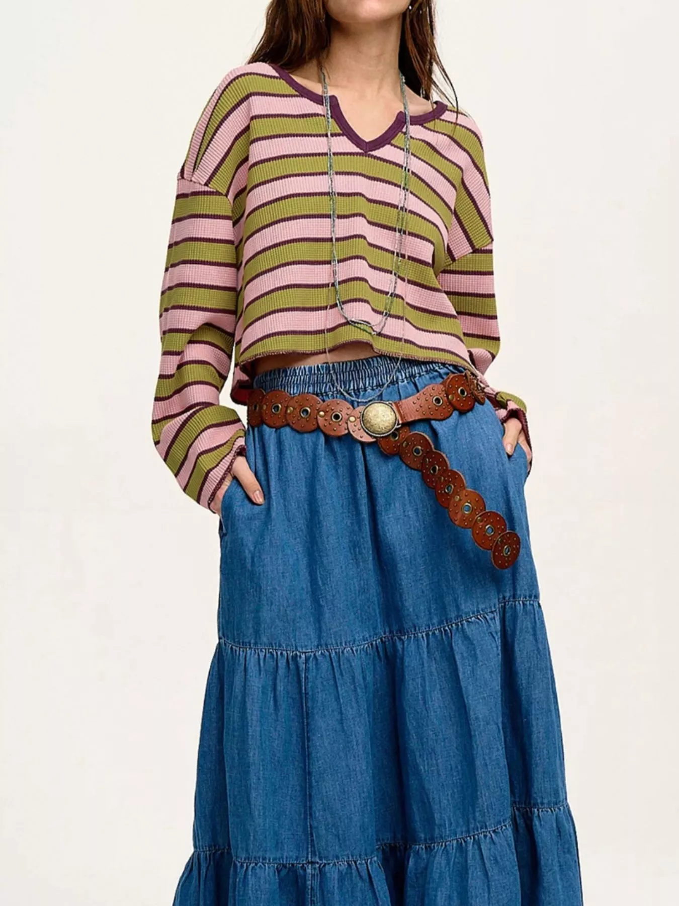 Stripes Waffle Texture Notched Neck Long Sleeve Top - Image 5
