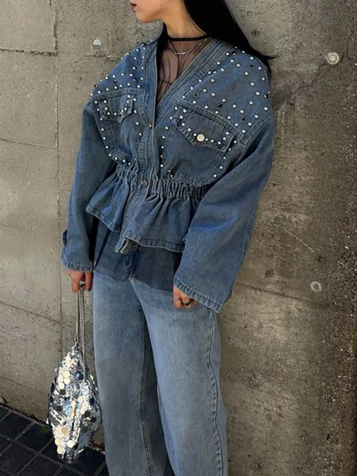 Studded Button Up Denim Jacket - Image 3
