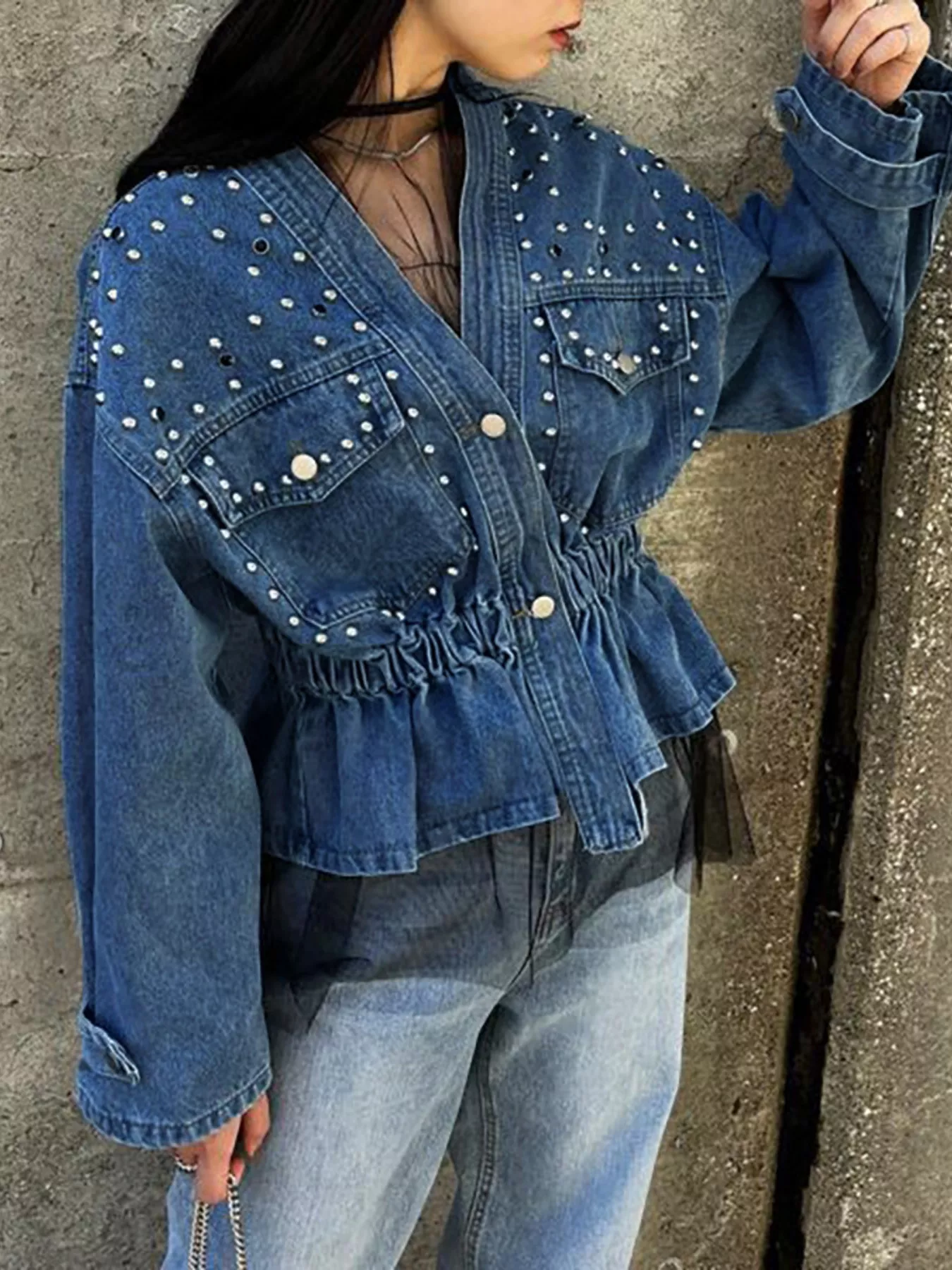 Studded Button Up Denim Jacket - Image 6