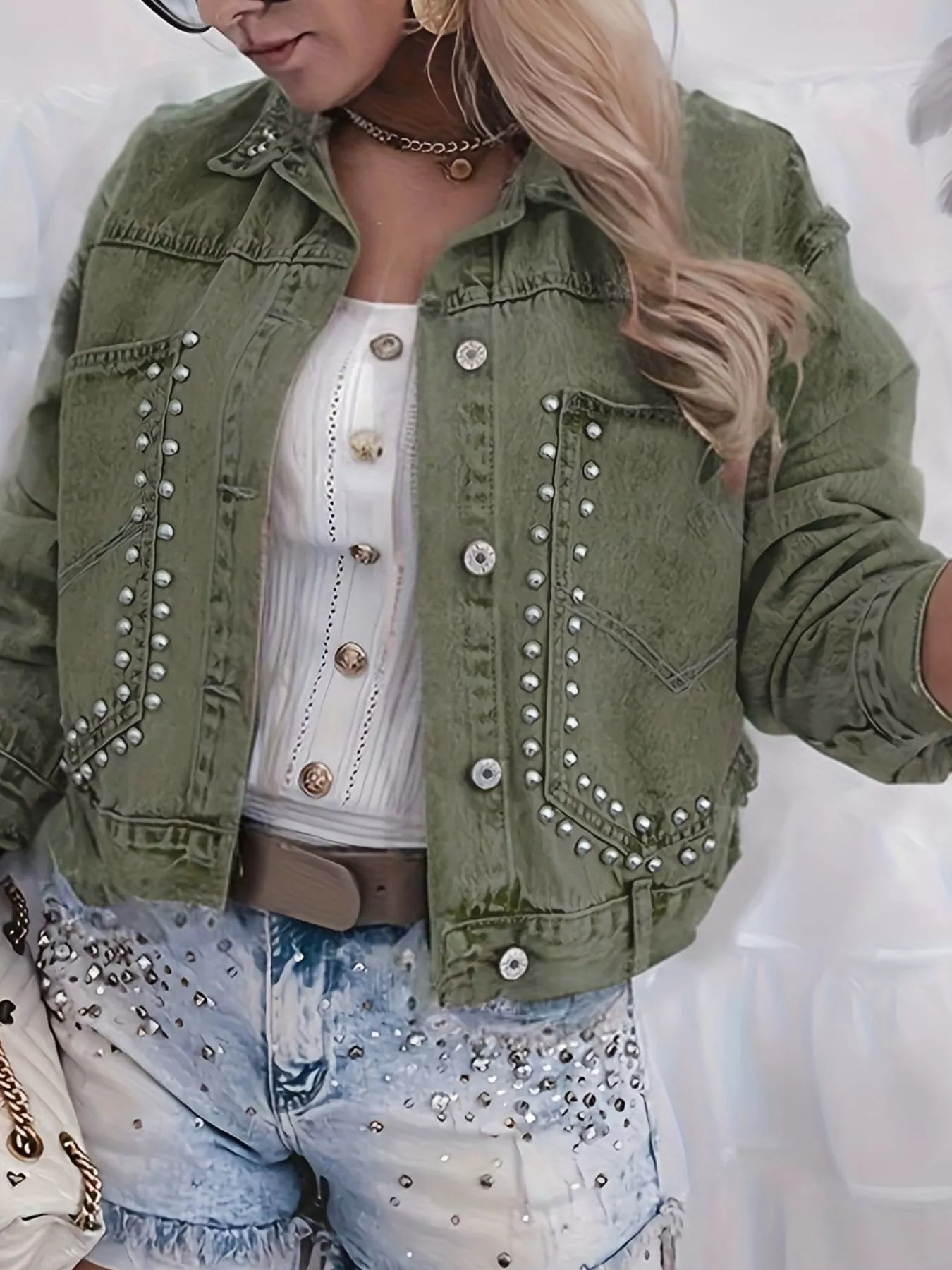 Studded Button Up Wash Denim Jacket - Image 10