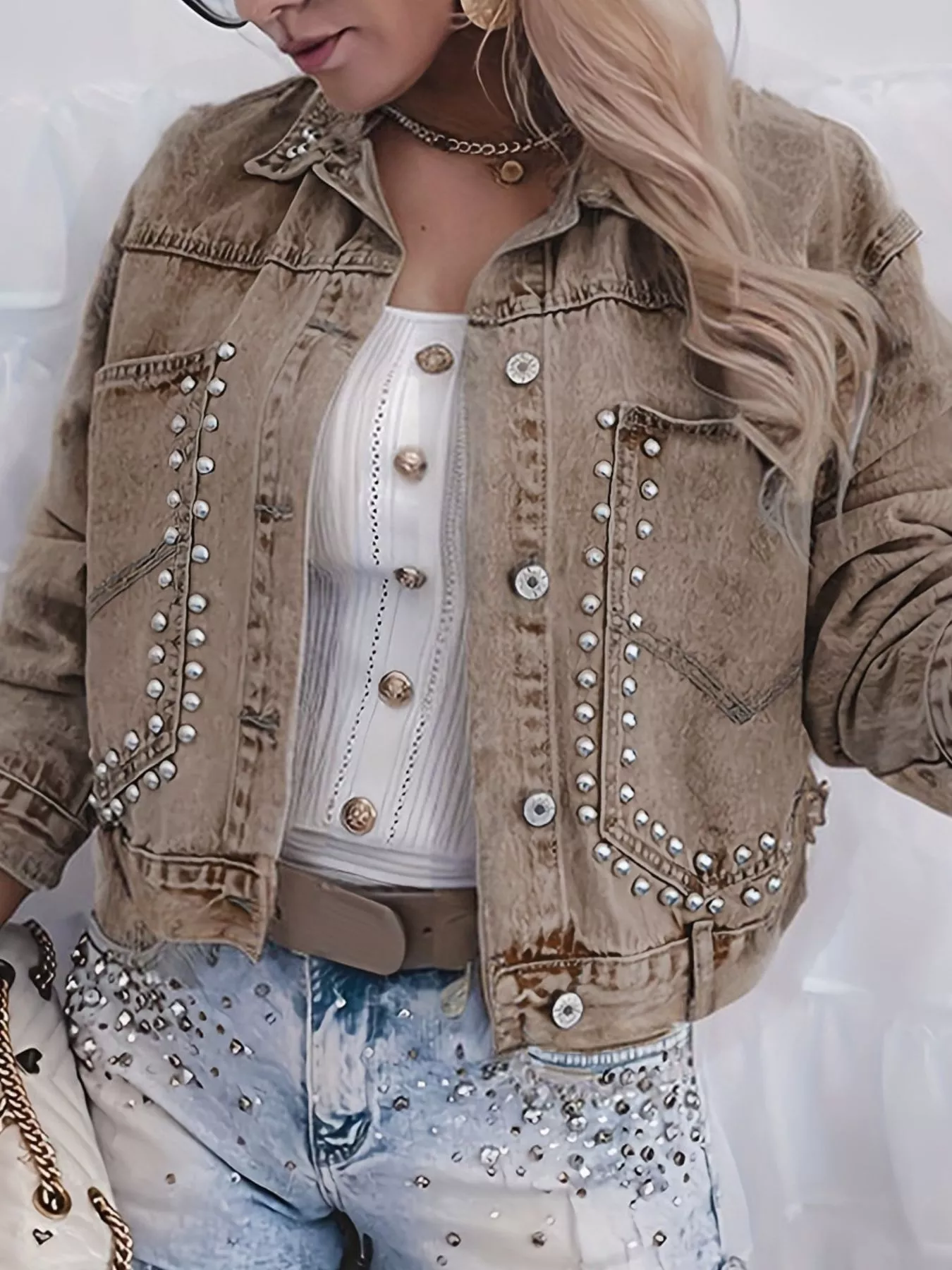 Studded Button Up Wash Denim Jacket - Image 2