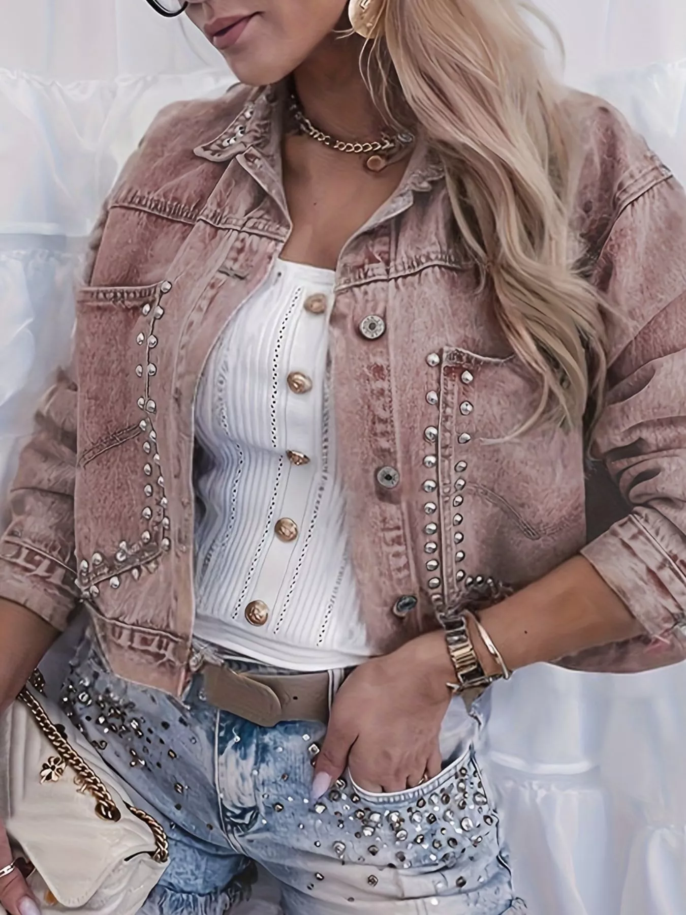 Studded Button Up Wash Denim Jacket - Image 6