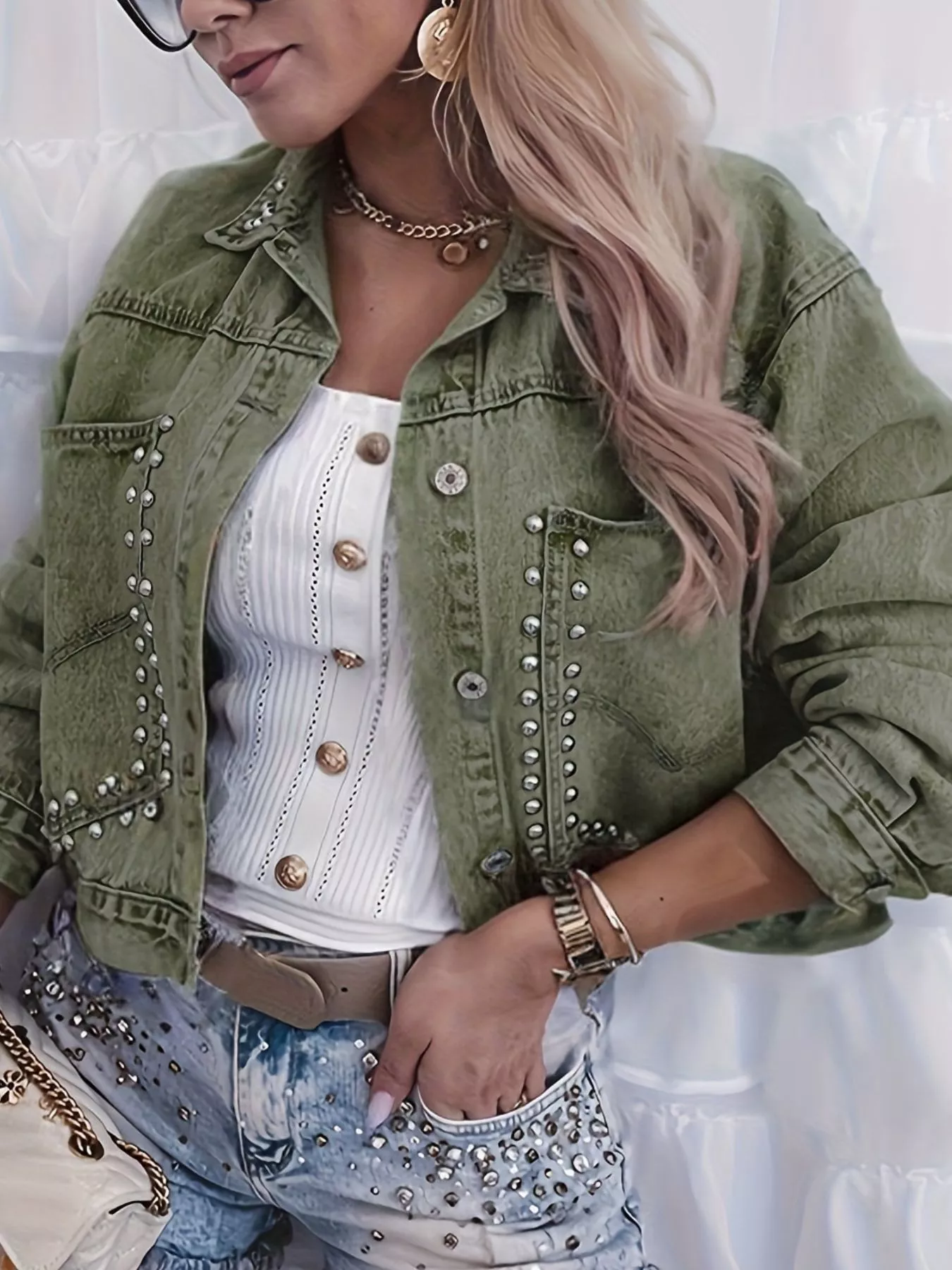 Studded Button Up Wash Denim Jacket - Image 9
