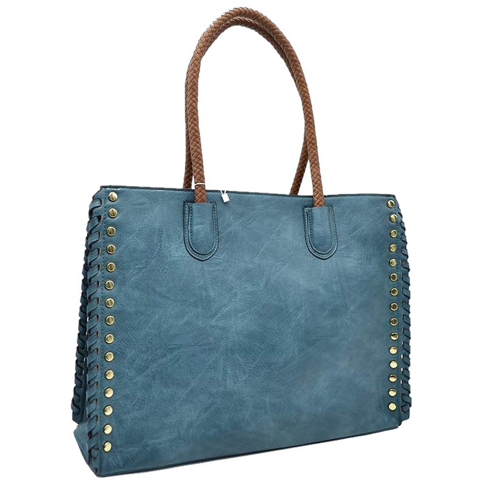 Studded Faux Leather Whipstitch Shoulder Bag Tote Bag - Image 3