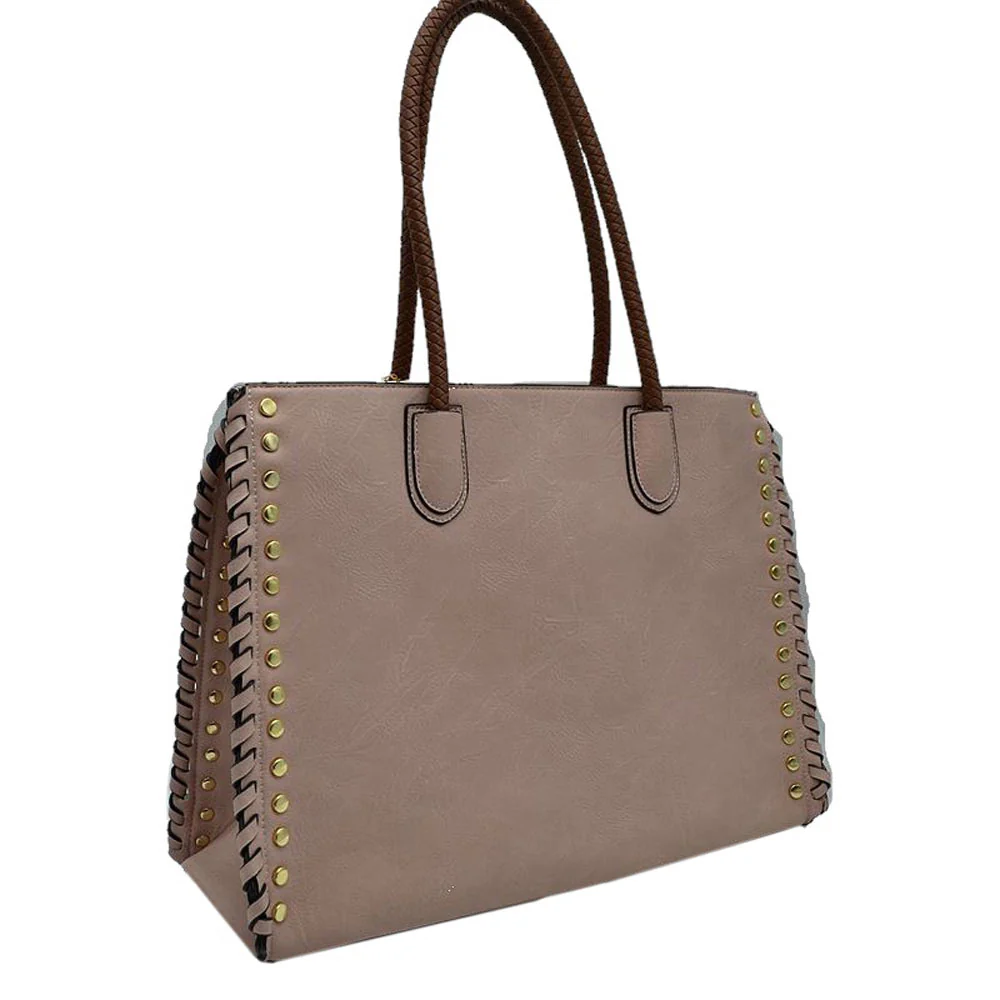 Studded Faux Leather Whipstitch Shoulder Bag Tote Bag - Image 4