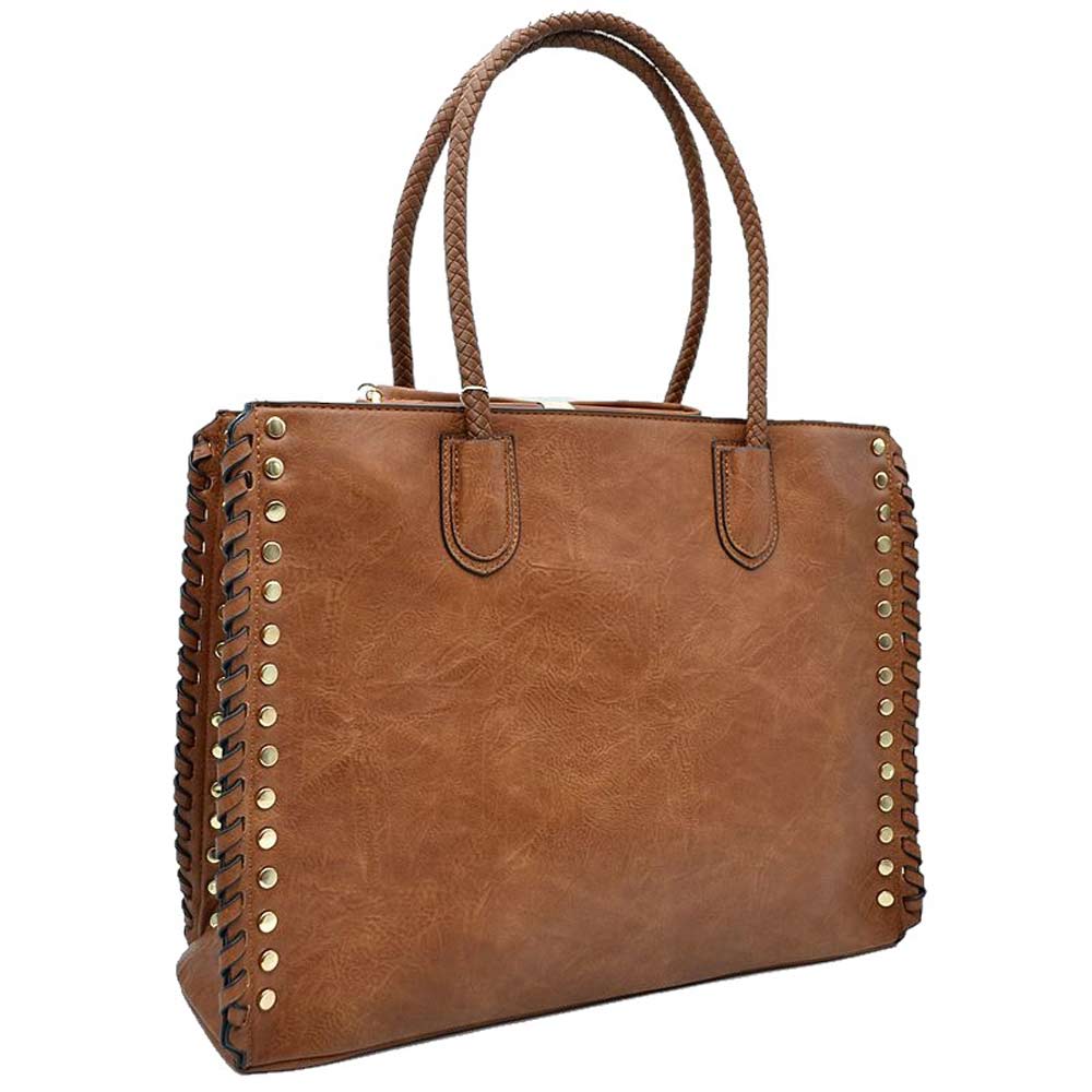 Studded Faux Leather Whipstitch Shoulder Bag Tote Bag - Image 5