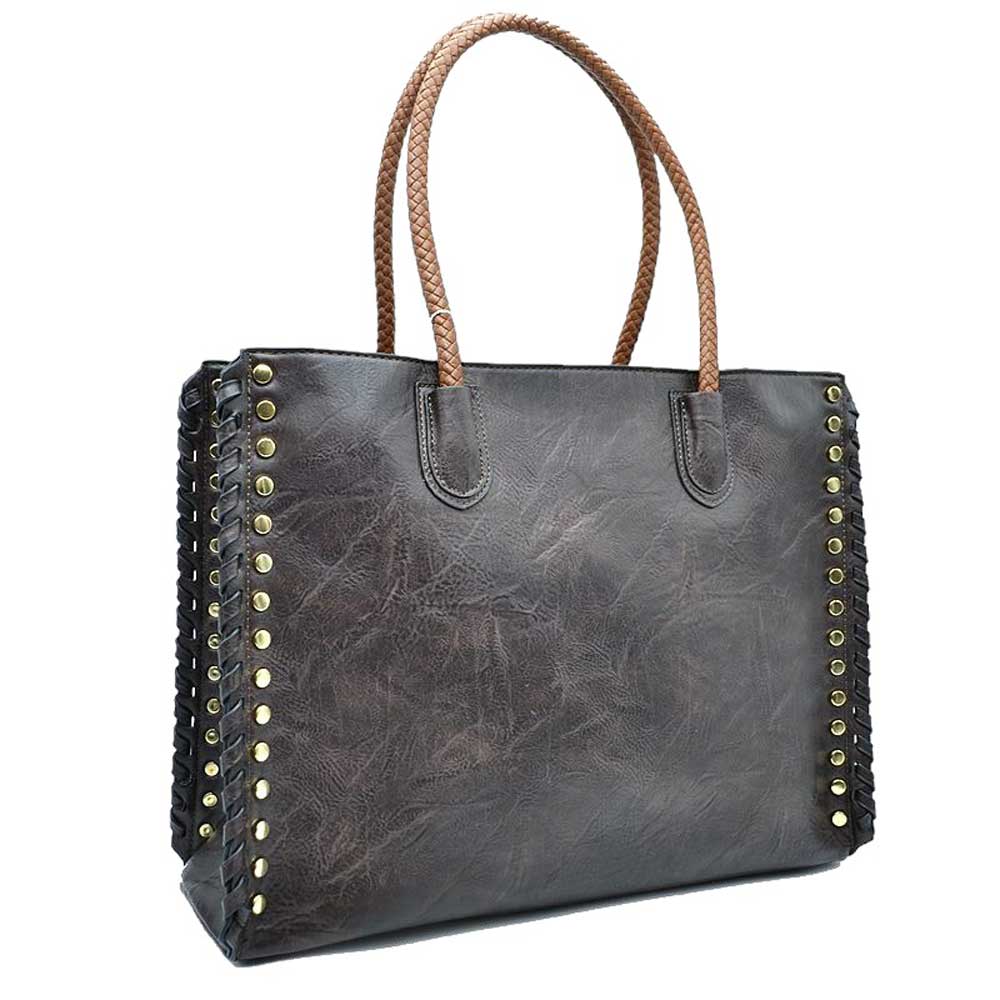 Studded Faux Leather Whipstitch Shoulder Bag Tote Bag - Image 6