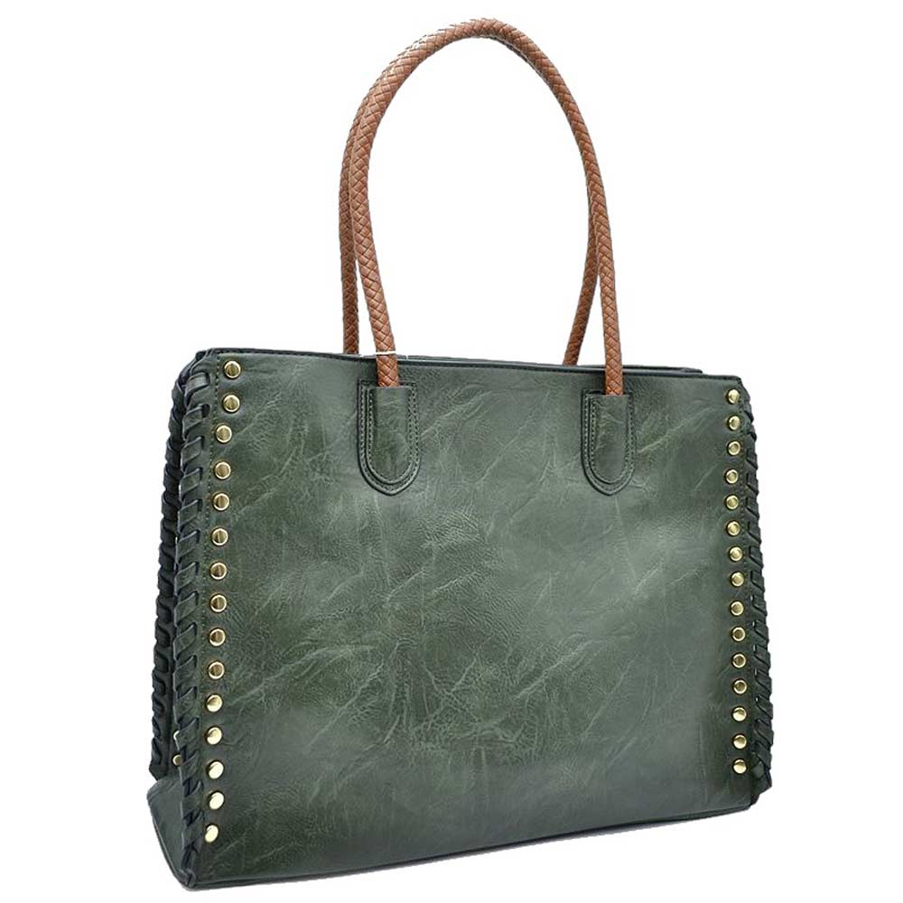 Studded Faux Leather Whipstitch Shoulder Bag Tote Bag - Image 7