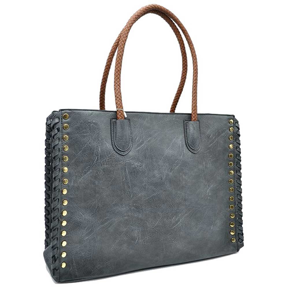 Studded Faux Leather Whipstitch Shoulder Bag Tote Bag - Image 8