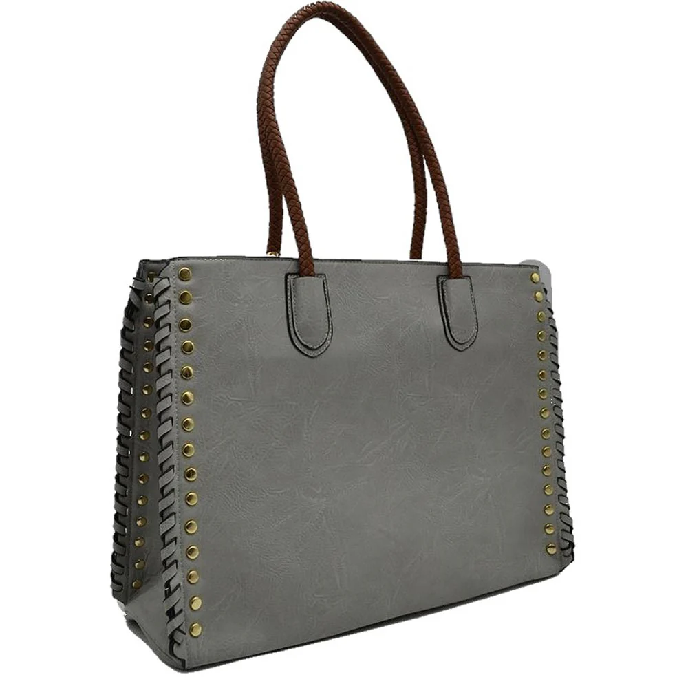 Studded Faux Leather Whipstitch Shoulder Bag Tote Bag - Image 9