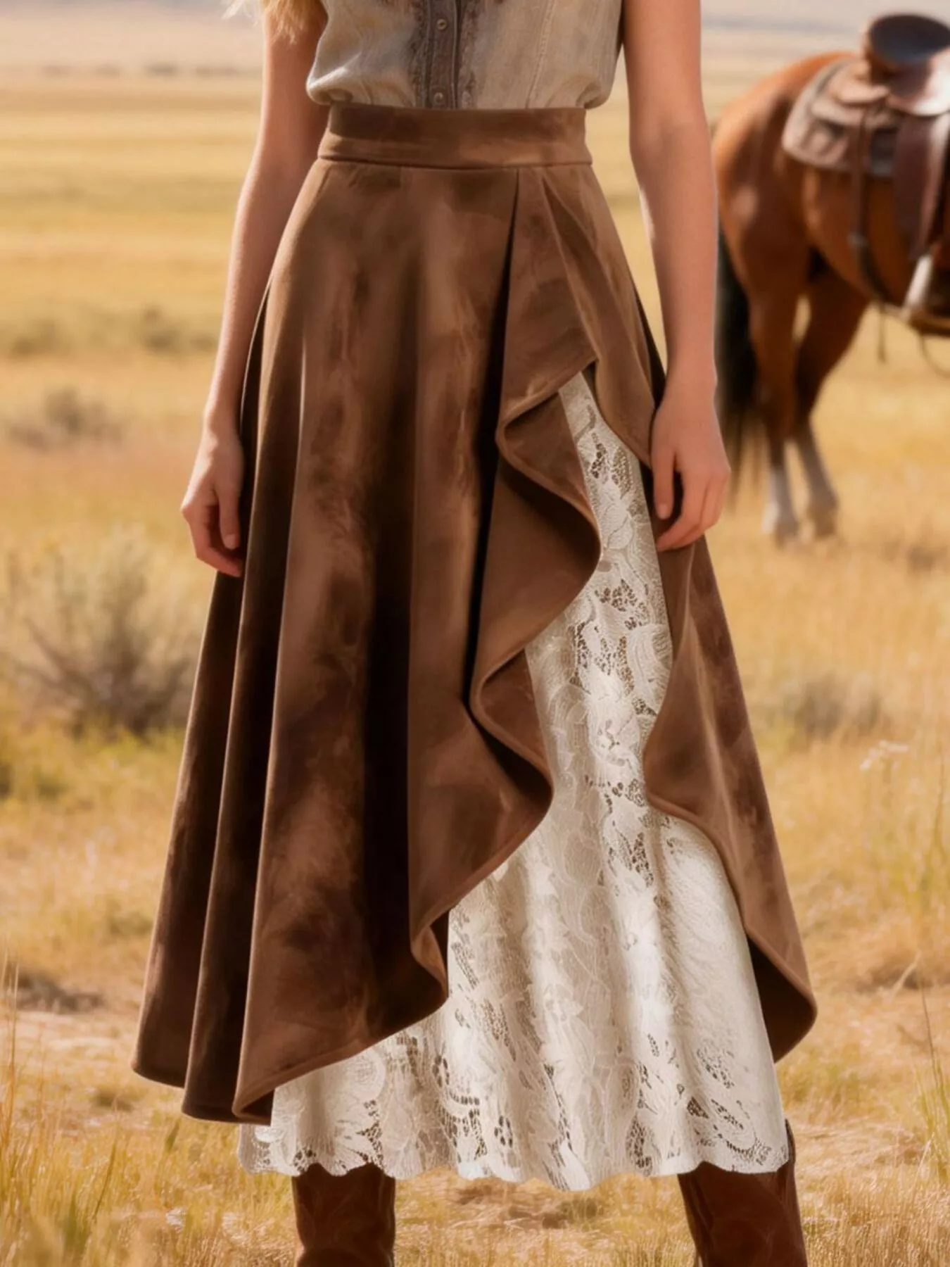 Suede & Lace Midi Skirt - Image 3