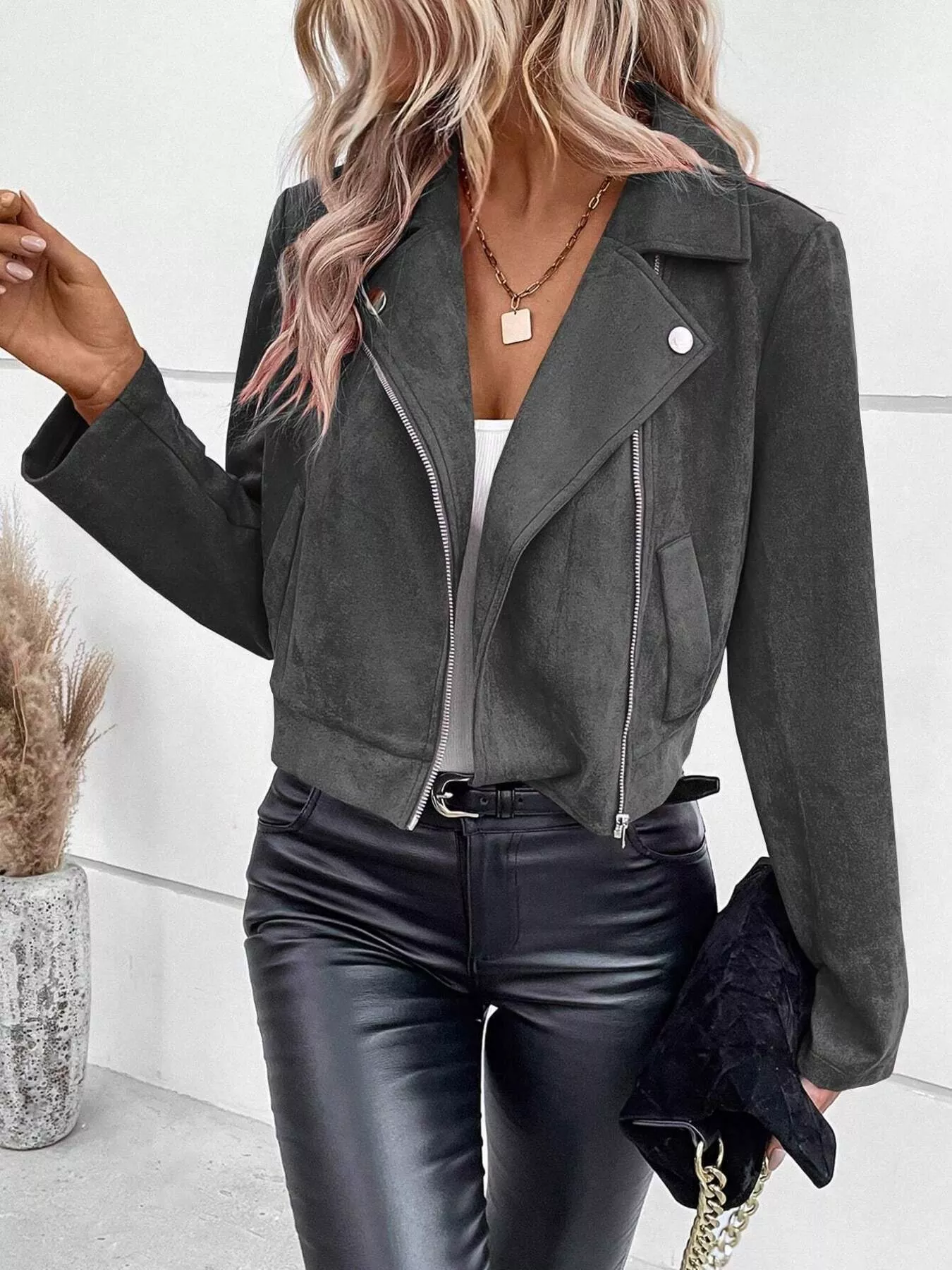 Suede Moto Jacket with Zip Detail - Image 8
