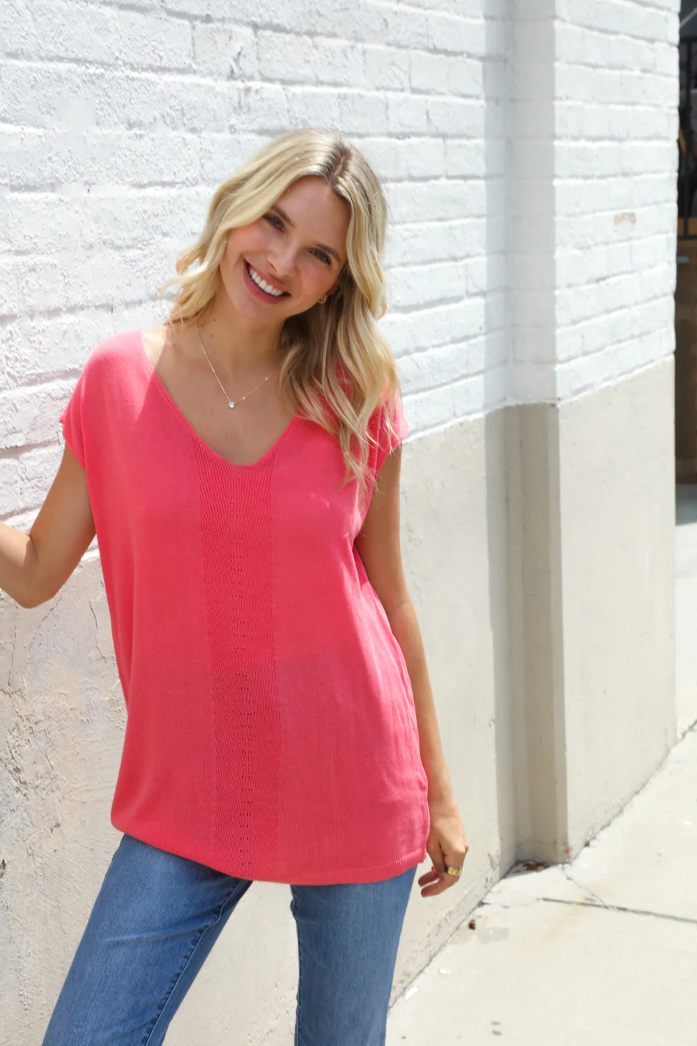 Summer Vibes Coral Relaxed Fit Jacquard Knitted Top - Image 3