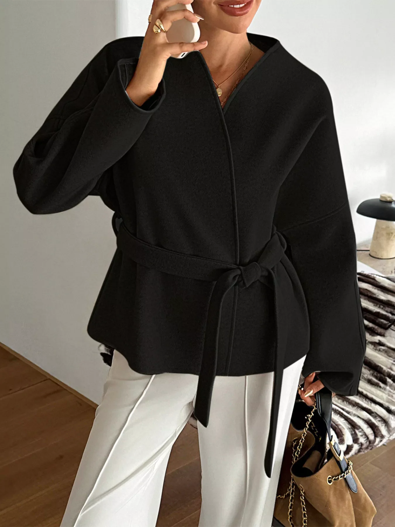 Surplice Dropped Shoulder Tie Belt Outerwear - Image 10