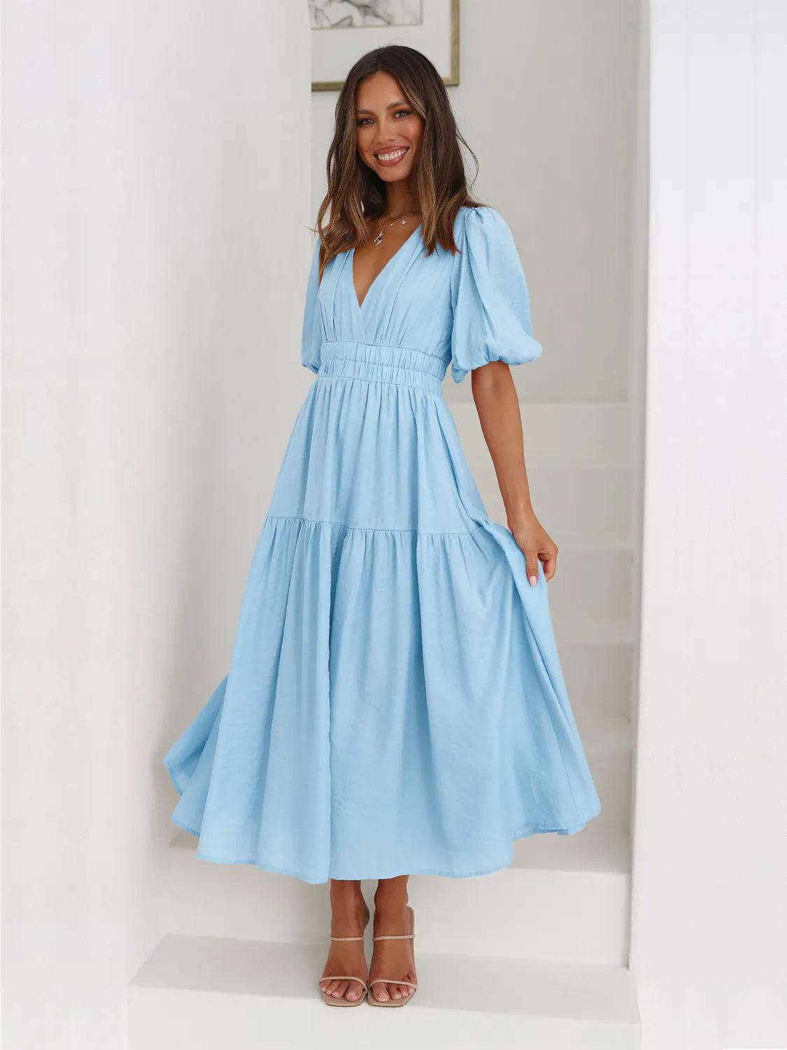 Surplice Half Puff Sleeve Midi Dress - Image 10