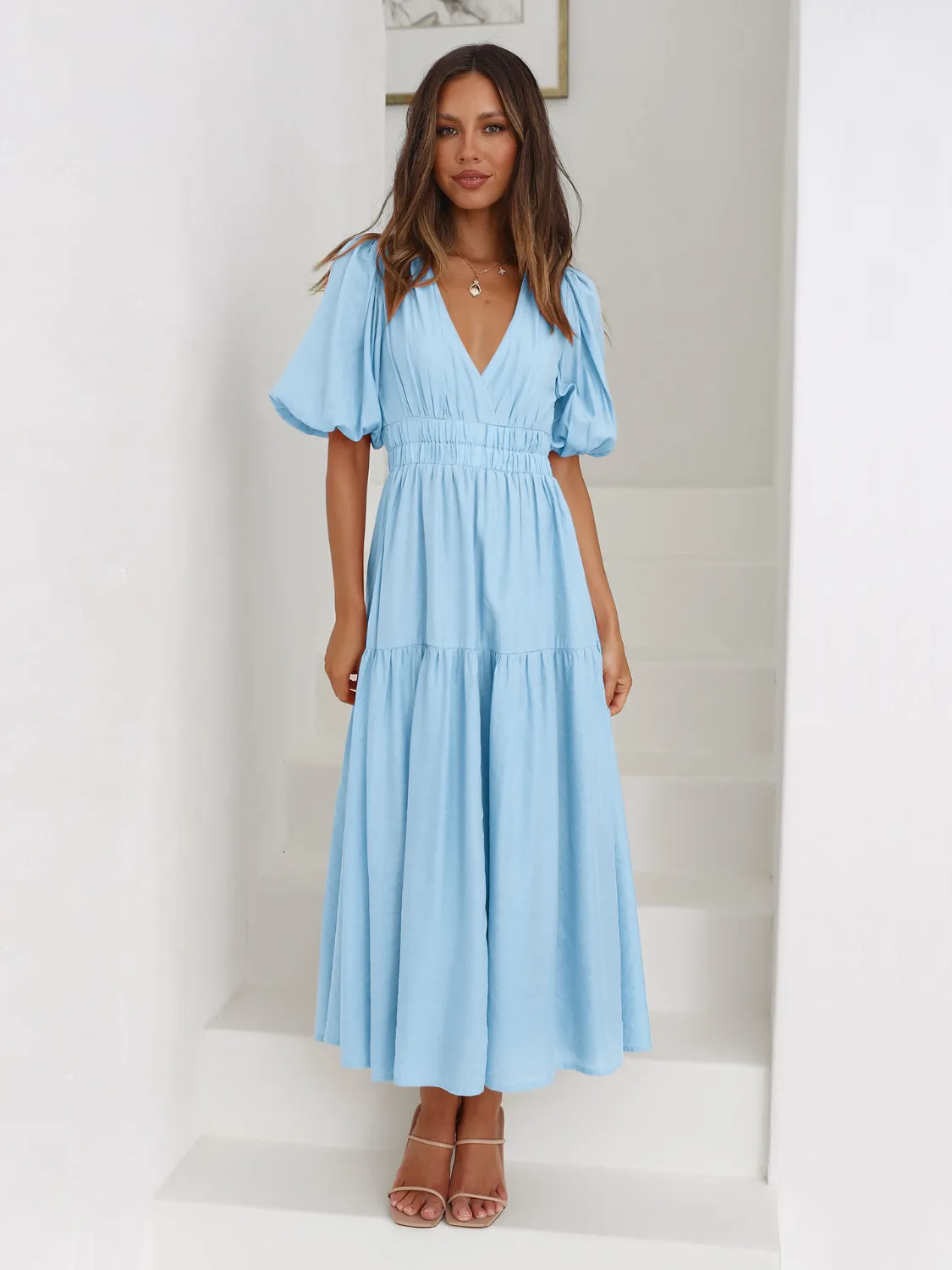 Surplice Half Puff Sleeve Midi Dress - Image 11