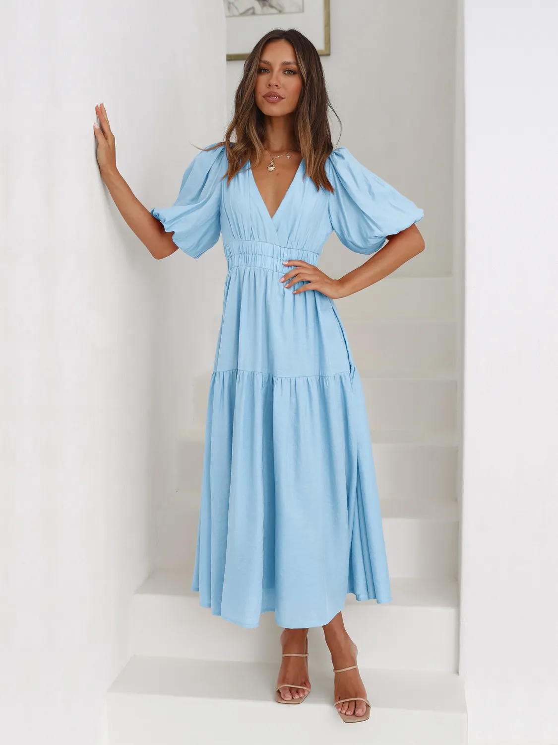 Surplice Half Puff Sleeve Midi Dress - Image 13
