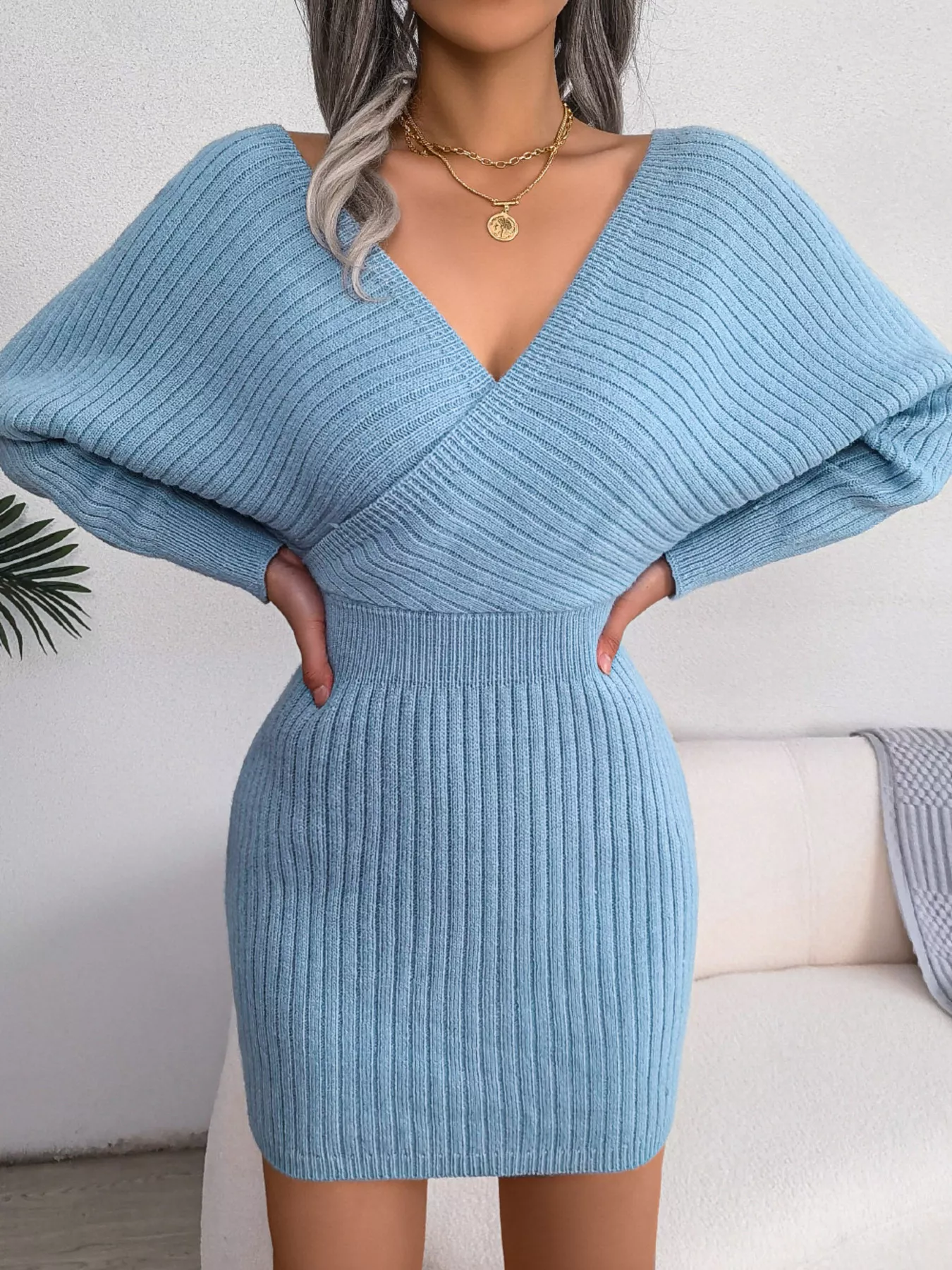 Surplice Long Sleeve Sweater Dress - Image 2