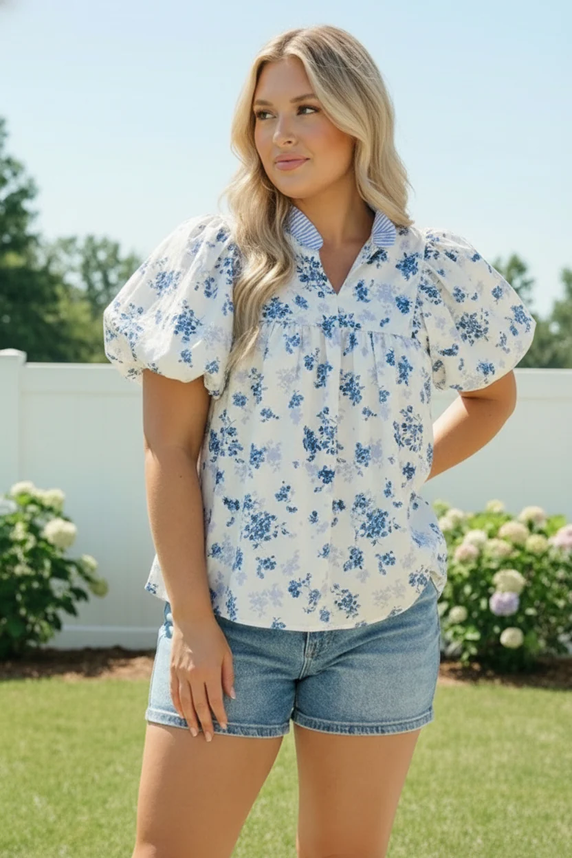 Sweet in Blue Floral Puff Sleeve Babydoll Top - Image 10