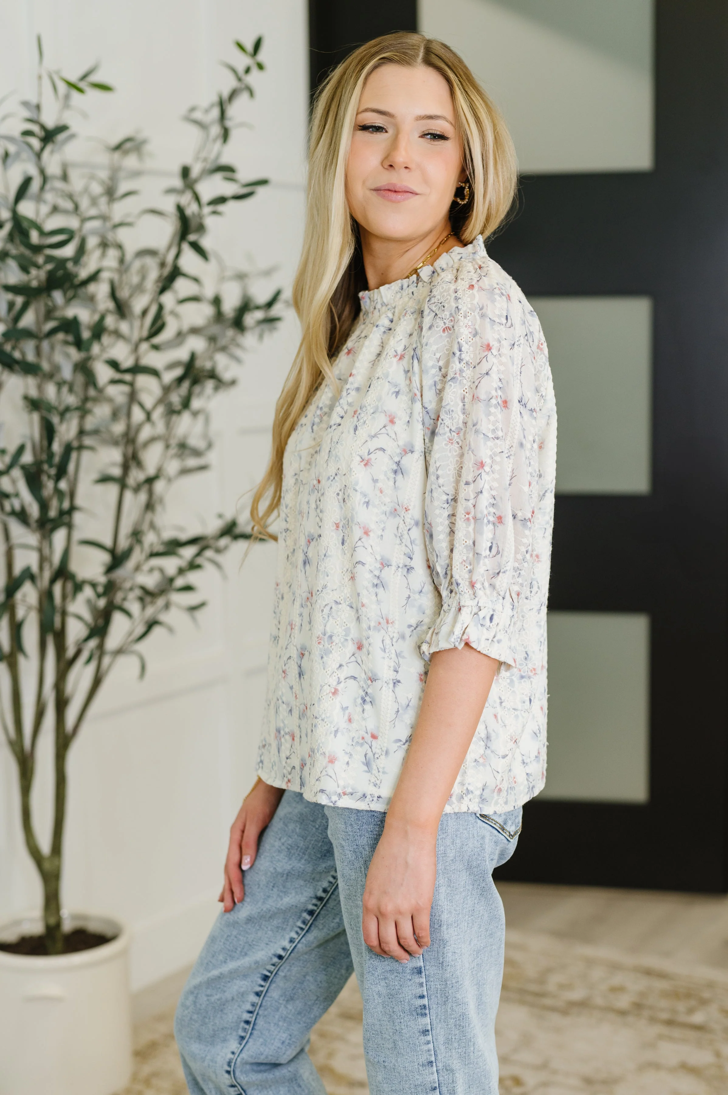 Sweet Ruffle Affair High Neck Blouse in Blue - Image 5