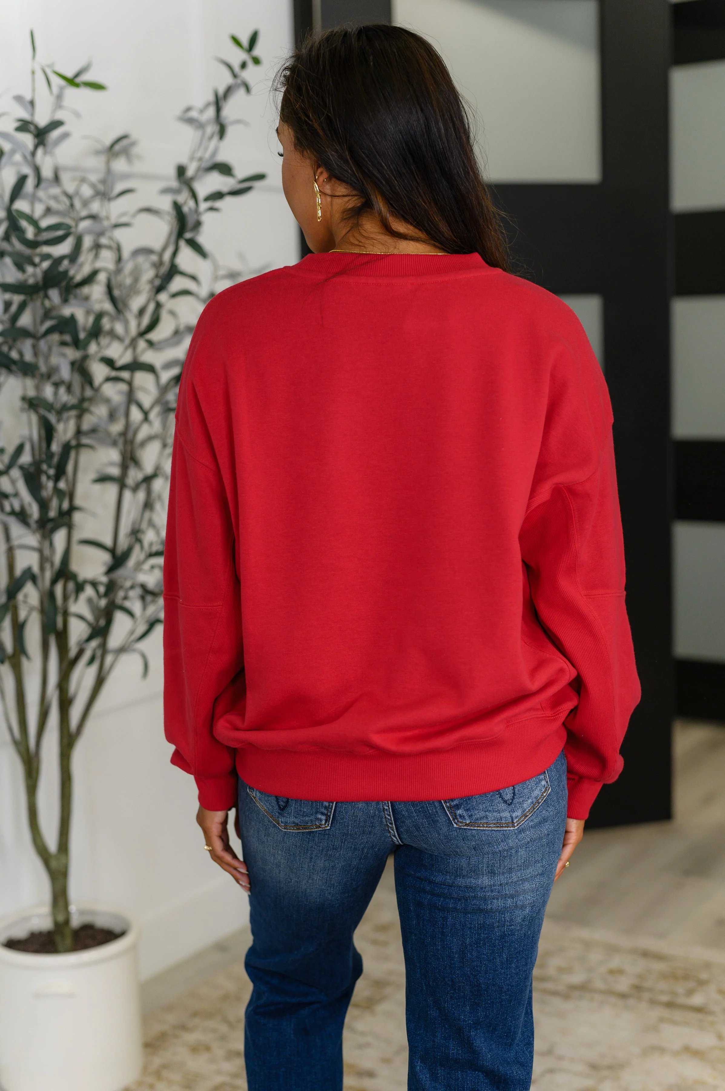 Sweet with a Side Eye Drop Shoulder Pullover in True Red - Image 4