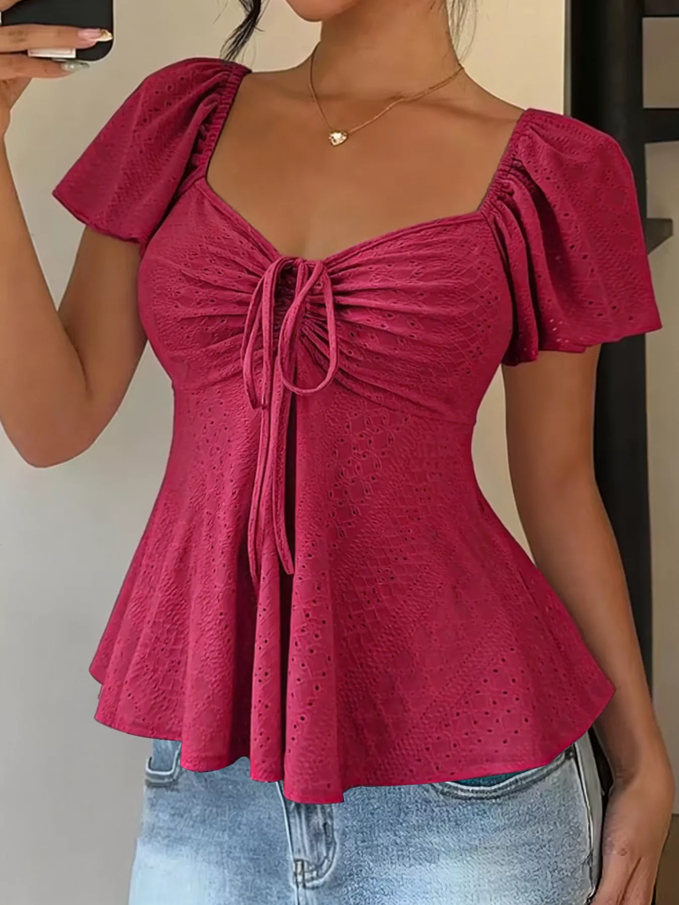 Sweetheart Neck Flutter Sleeve Top - Image 5