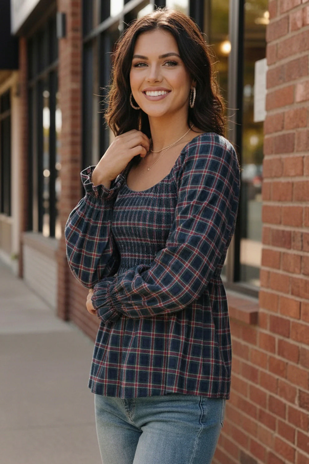 Sweetheart Smocked Navy Plaid Top - Image 2