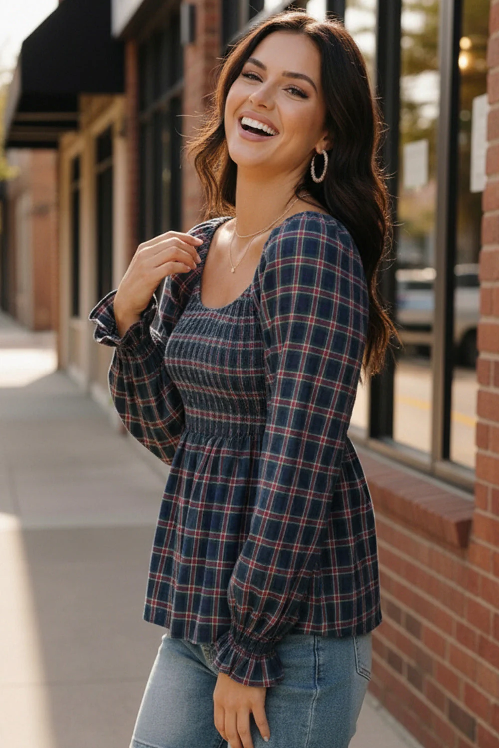 Sweetheart Smocked Navy Plaid Top - Image 4