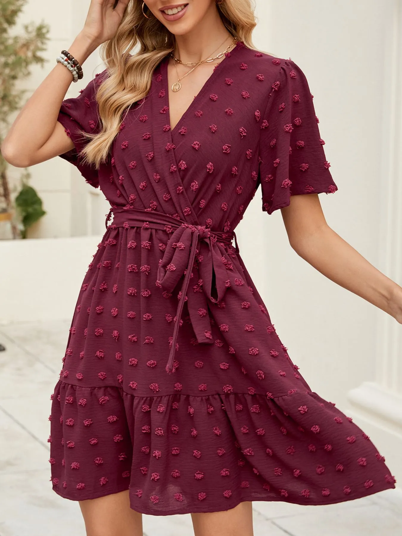 Swiss Dot Flutter Sleeve Wrap Dress - Image 2
