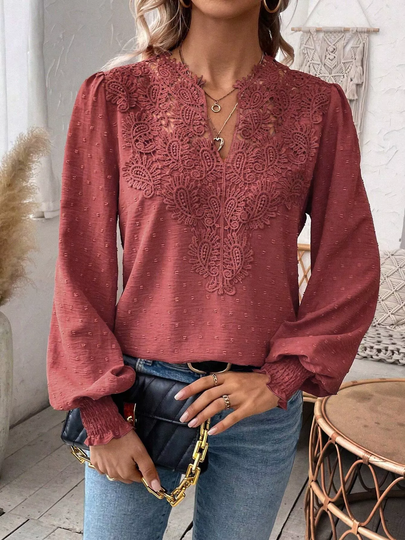 Swiss Dot Lace Detail Long Sleeve Blouse - Image 13