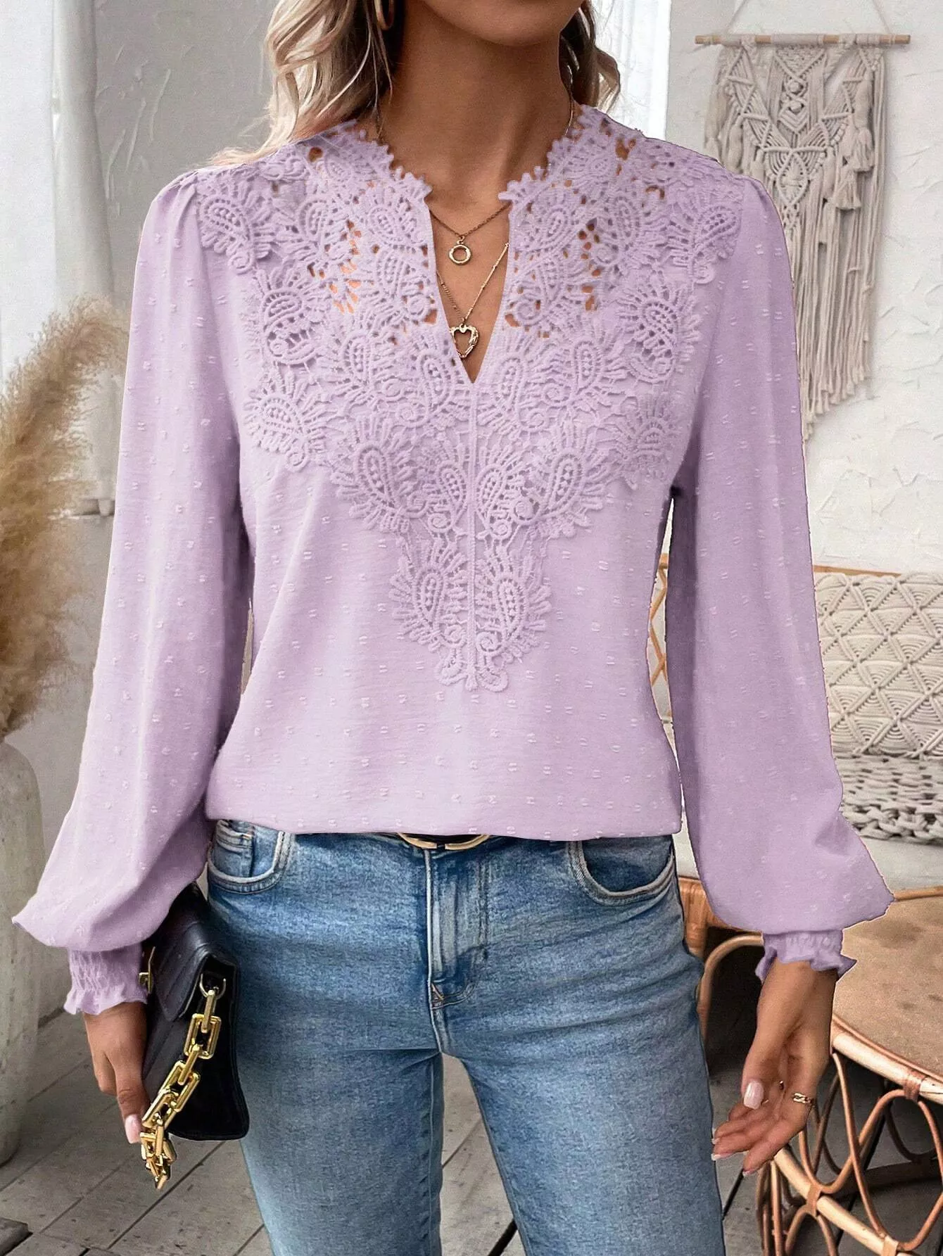 Swiss Dot Lace Detail Long Sleeve Blouse - Image 16