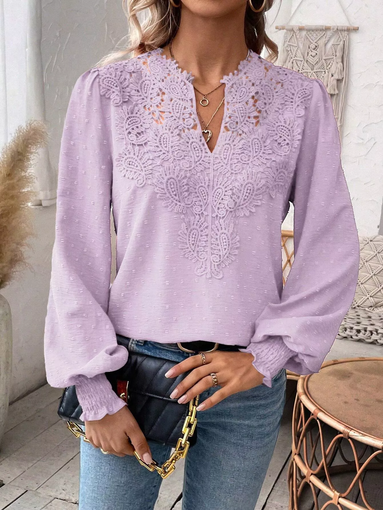 Swiss Dot Lace Detail Long Sleeve Blouse - Image 18