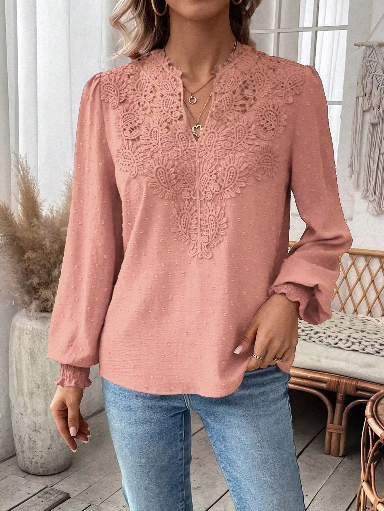 Swiss Dot Lace Detail Long Sleeve Blouse - Image 21