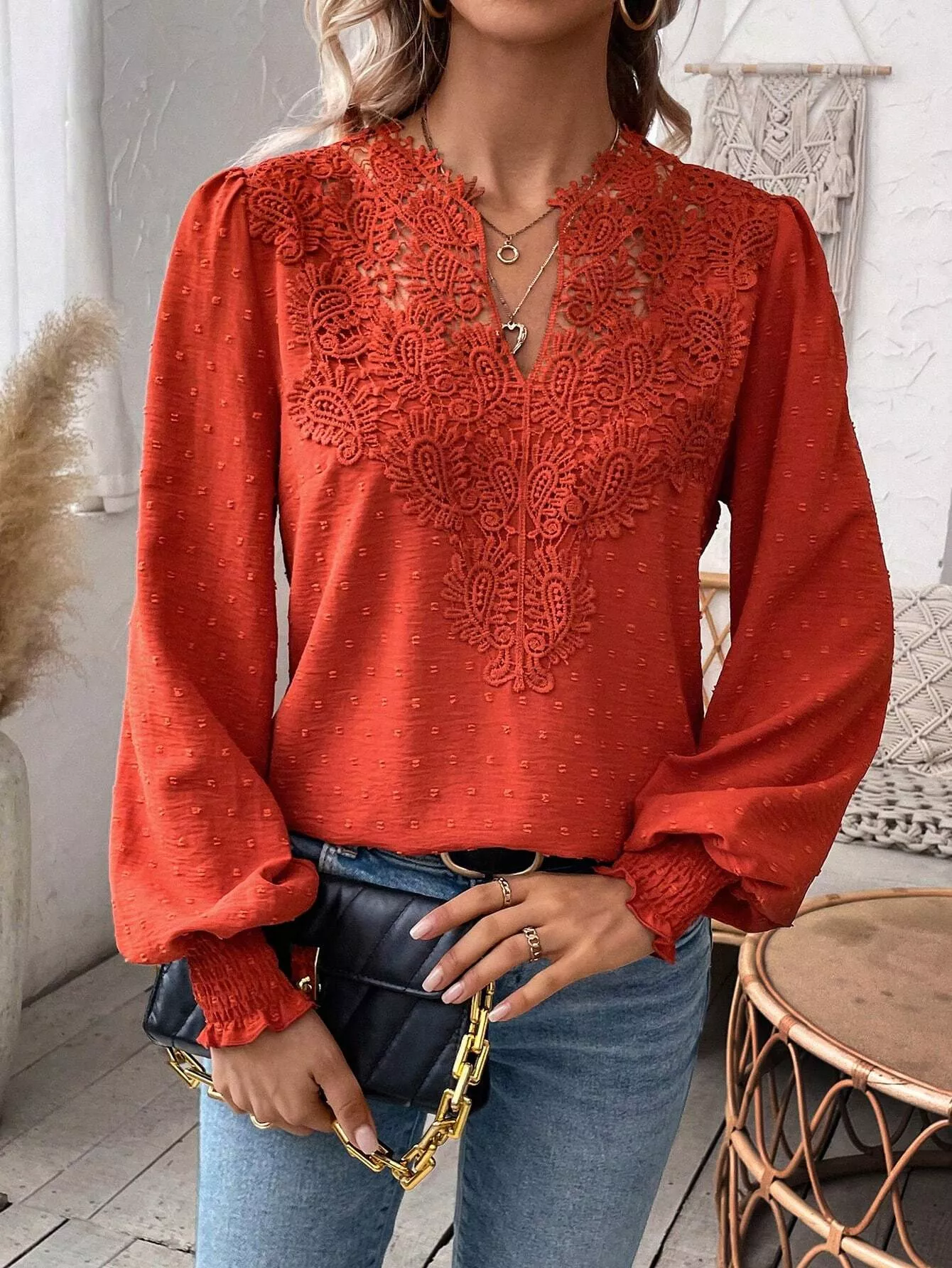 Swiss Dot Lace Detail Long Sleeve Blouse - Image 3