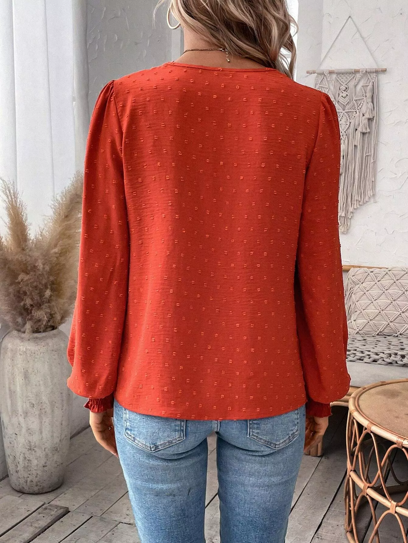 Swiss Dot Lace Detail Long Sleeve Blouse - Image 4