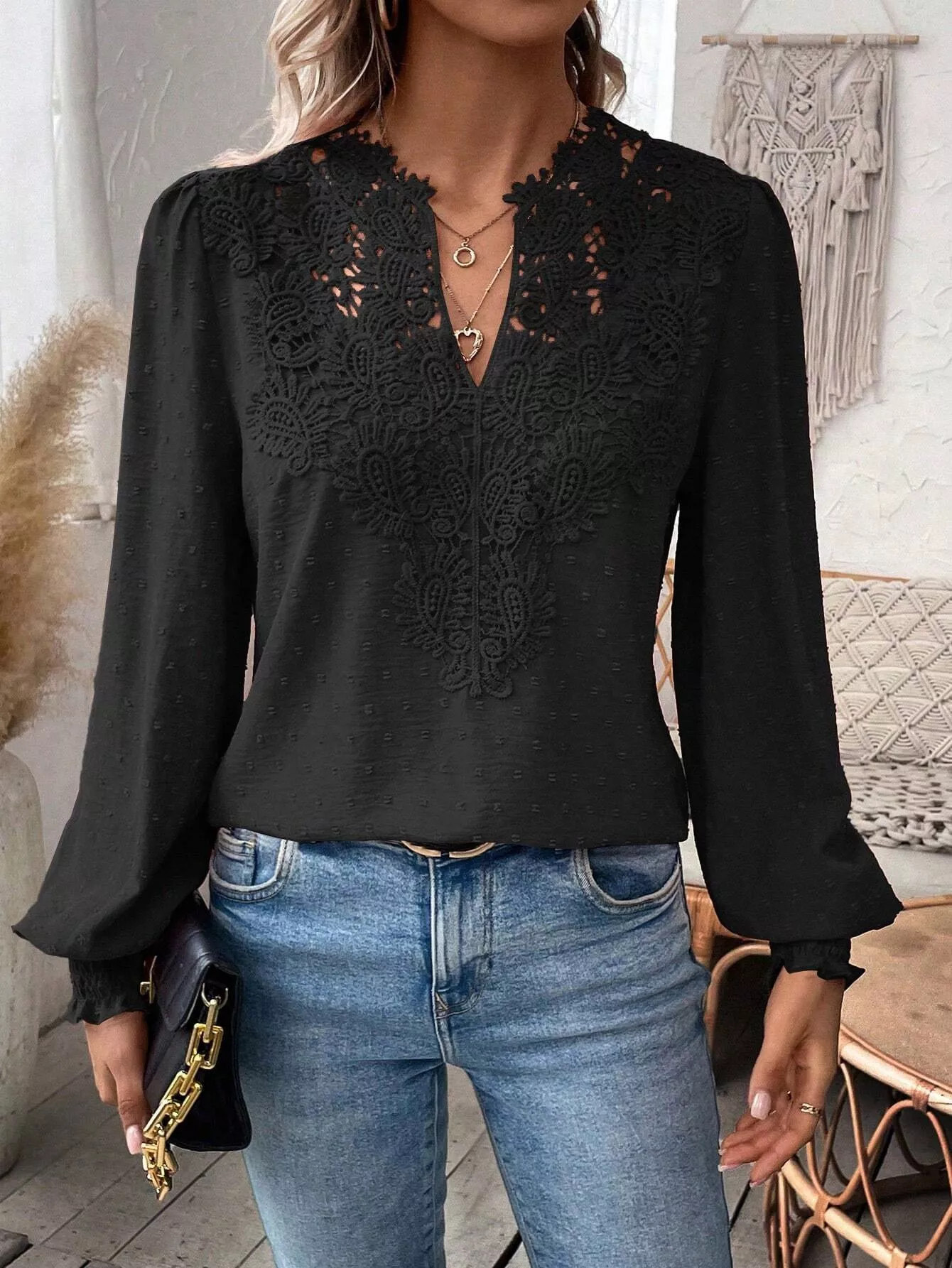 Swiss Dot Lace Detail Long Sleeve Blouse - Image 9