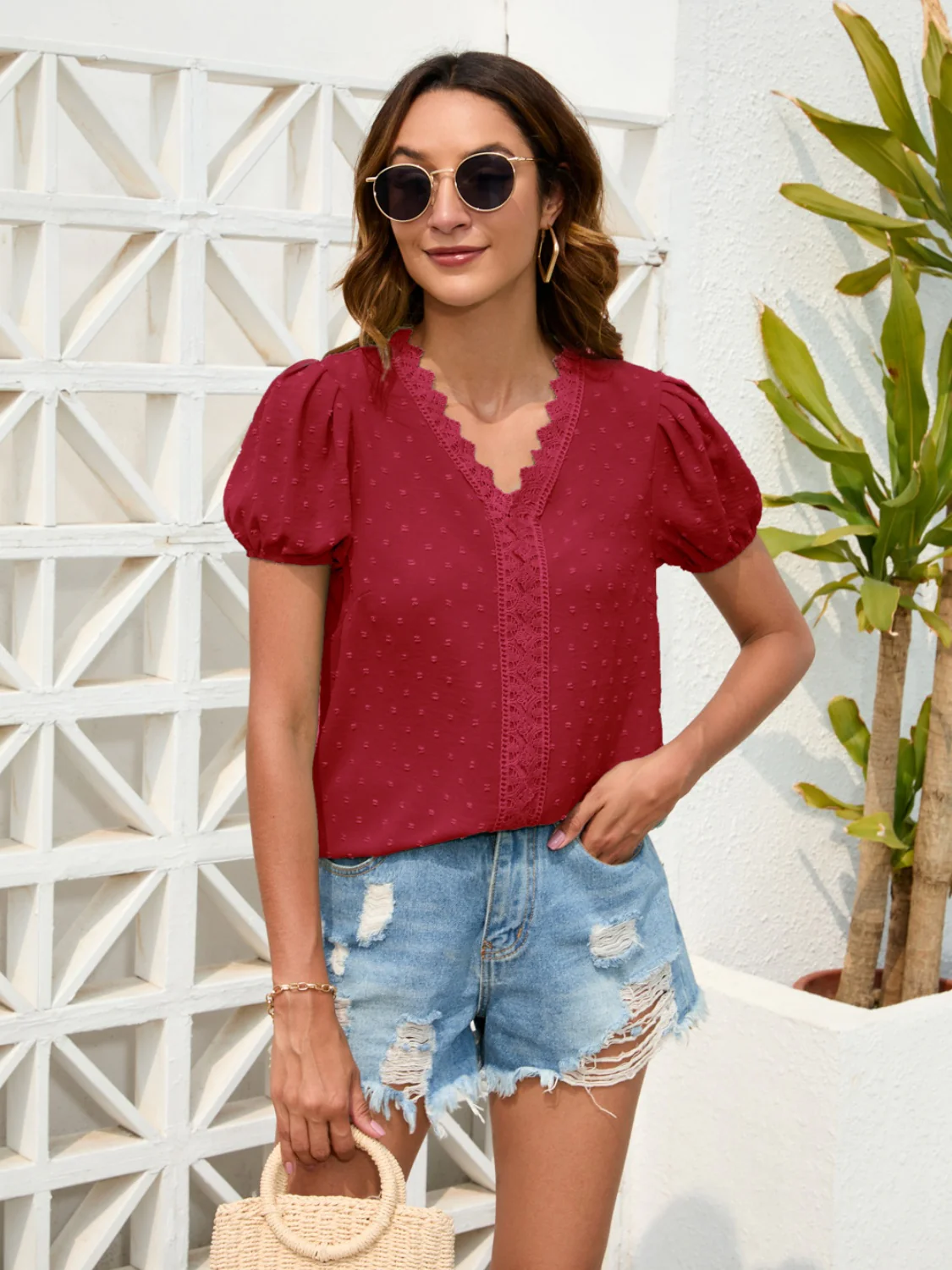 Swiss Dot Lace Detail V-Neck Blouse - Image 4