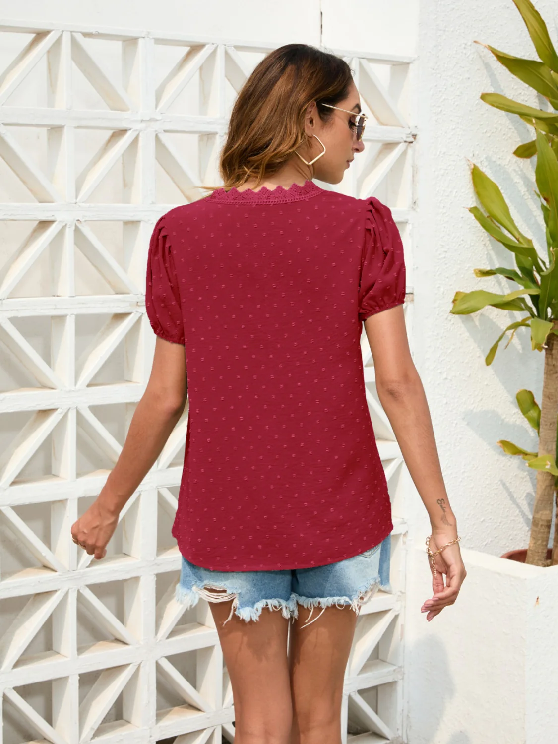 Swiss Dot Lace Detail V-Neck Blouse - Image 6