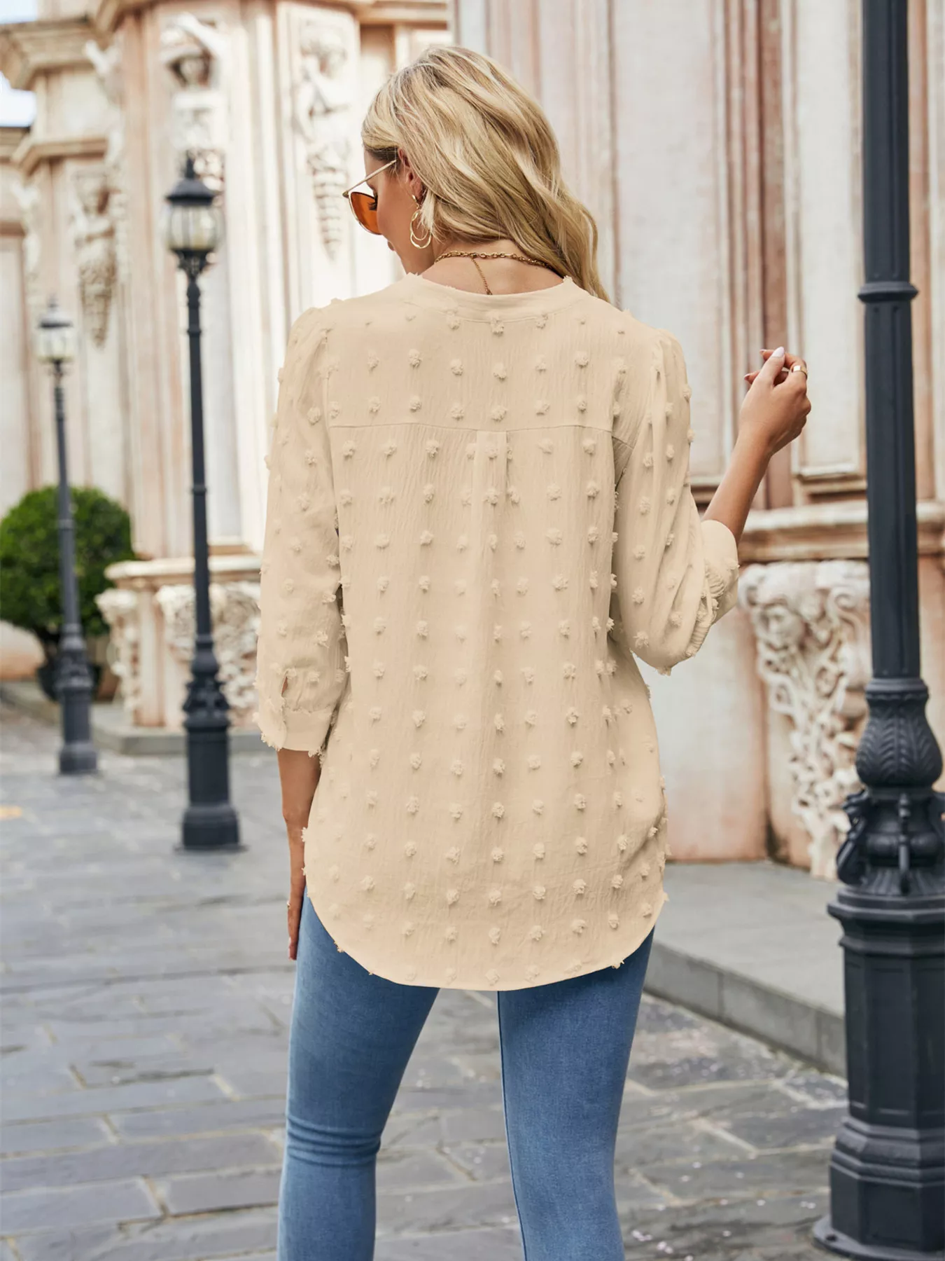 Swiss Dot Notched 3/4 Sleeve Blouse - Image 2