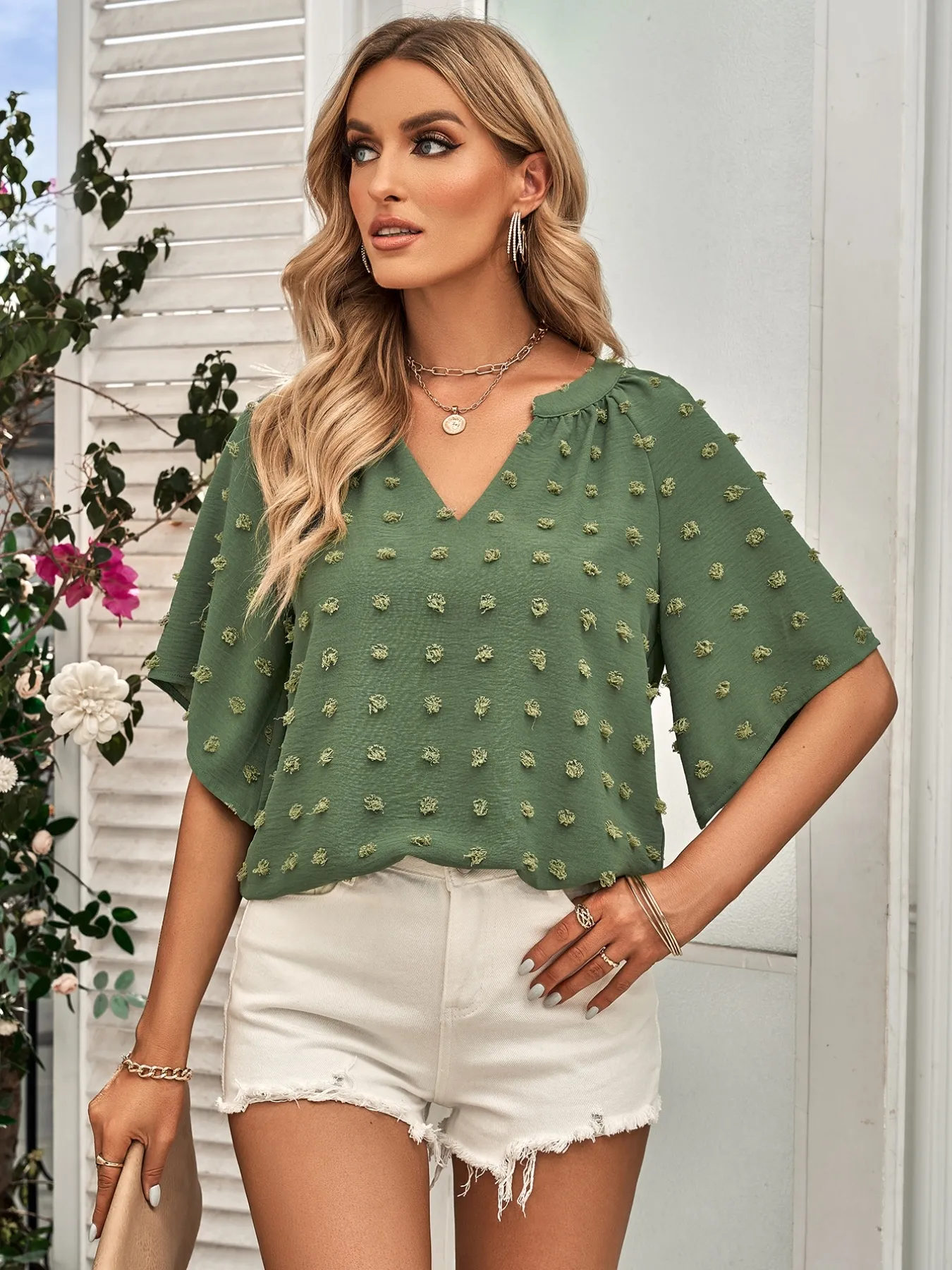 Swiss Dot Notched Half Se Blouse - Image 4