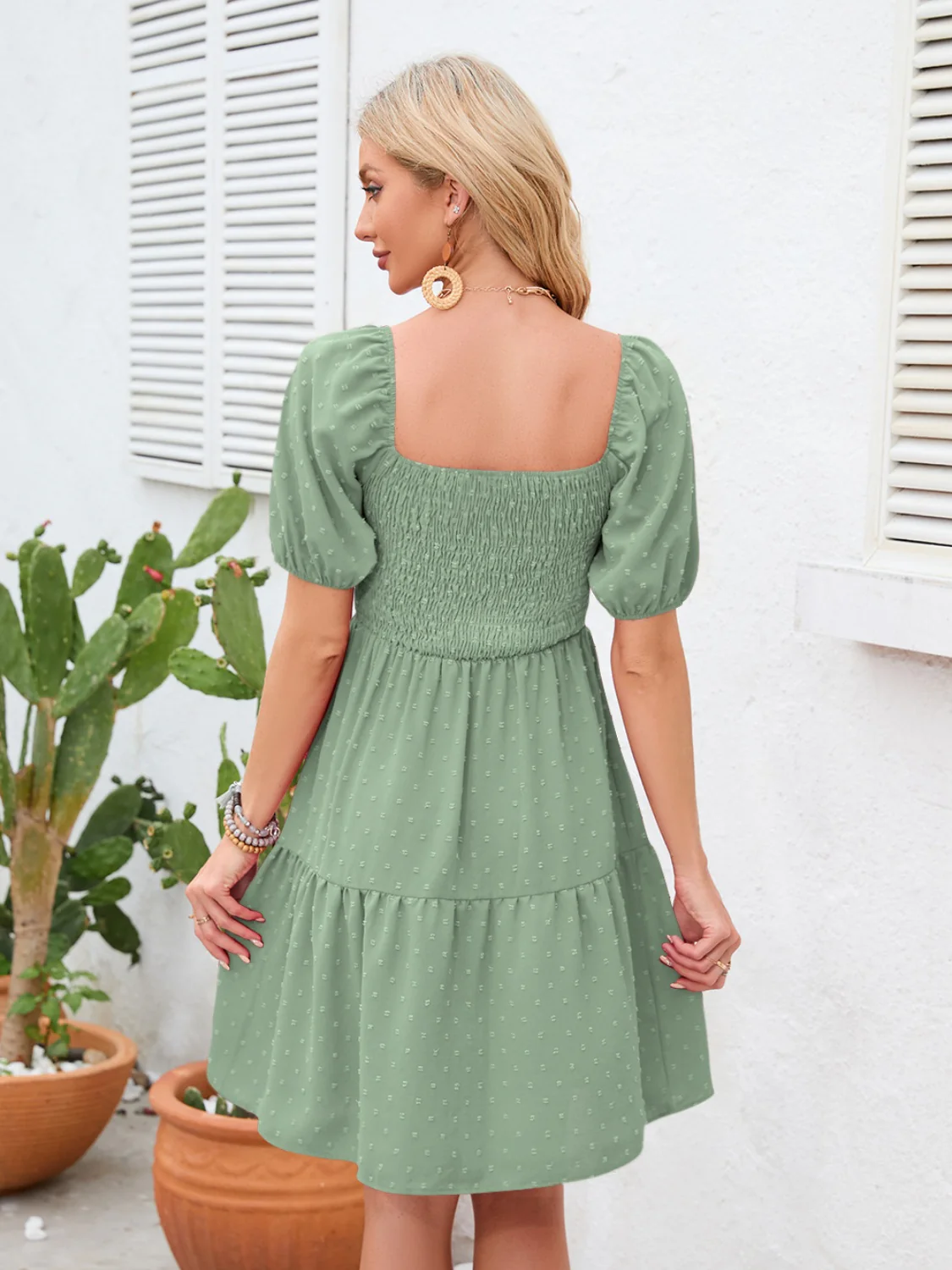 Swiss Dot Smocked Square Neck Dress - Image 5