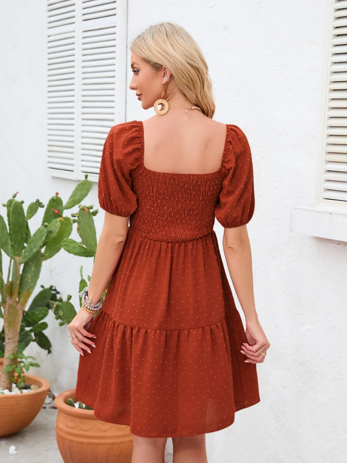 Swiss Dot Smocked Square Neck Dress - Image 8