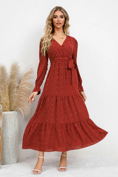 Swiss Dot Tied Surplice Flounce Sleeve Dress - Image 9