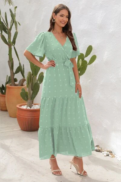 Swiss Dot Tied Surplice Short Sleeve Dress - Image 18
