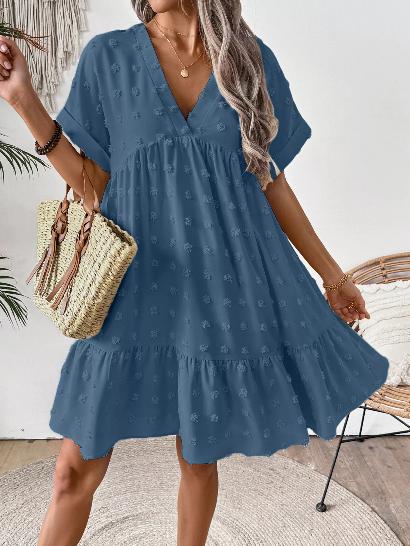 Swiss Dot V-Neck Tiered Mini Dress - Image 2
