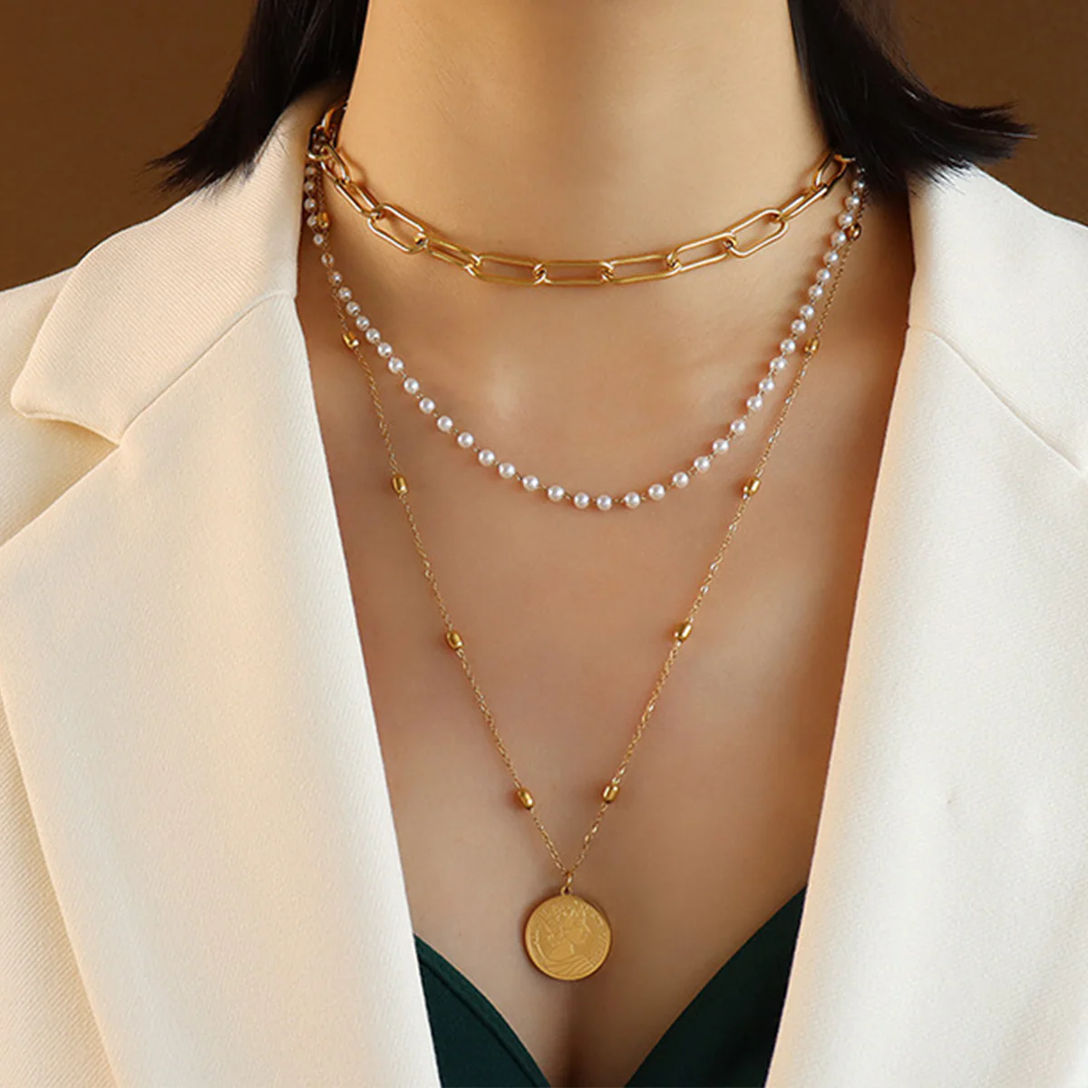 Synthetic Pearl Titanium Steel Three-Layered Necklace - Image 2