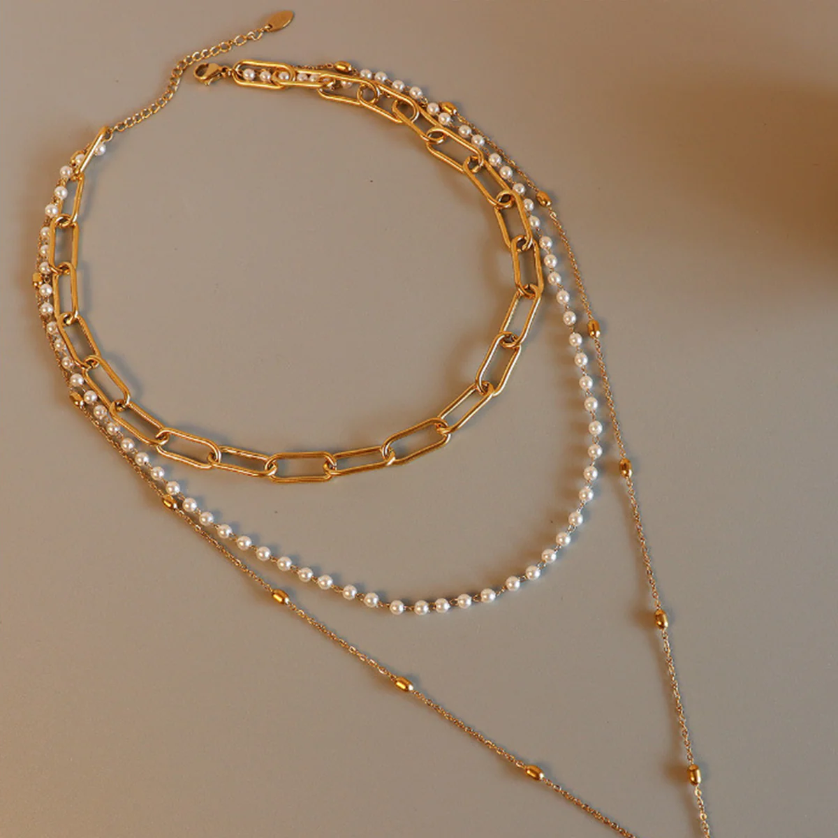 Synthetic Pearl Titanium Steel Three-Layered Necklace - Image 3